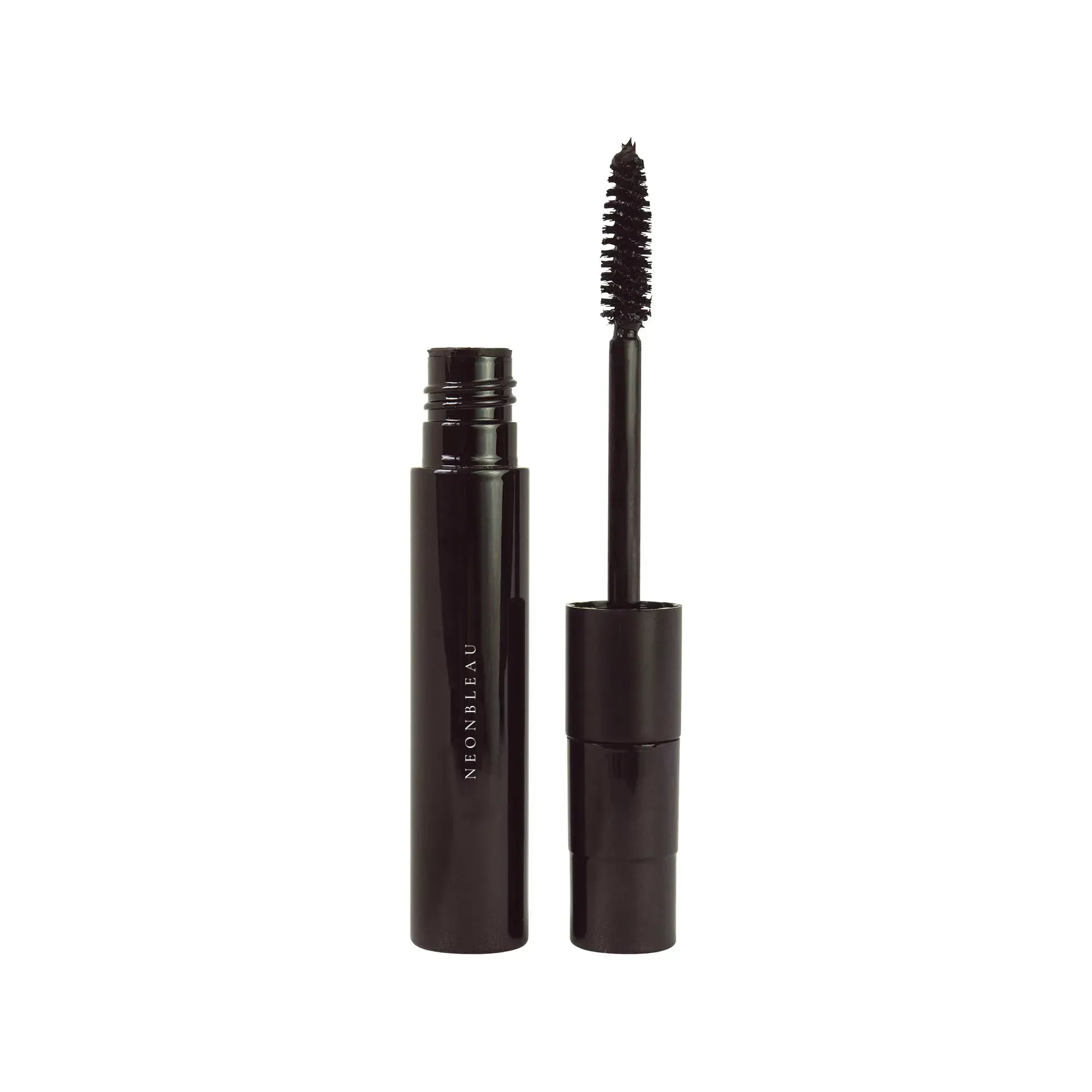A black mascara tube with the wand extended, showing the brush.