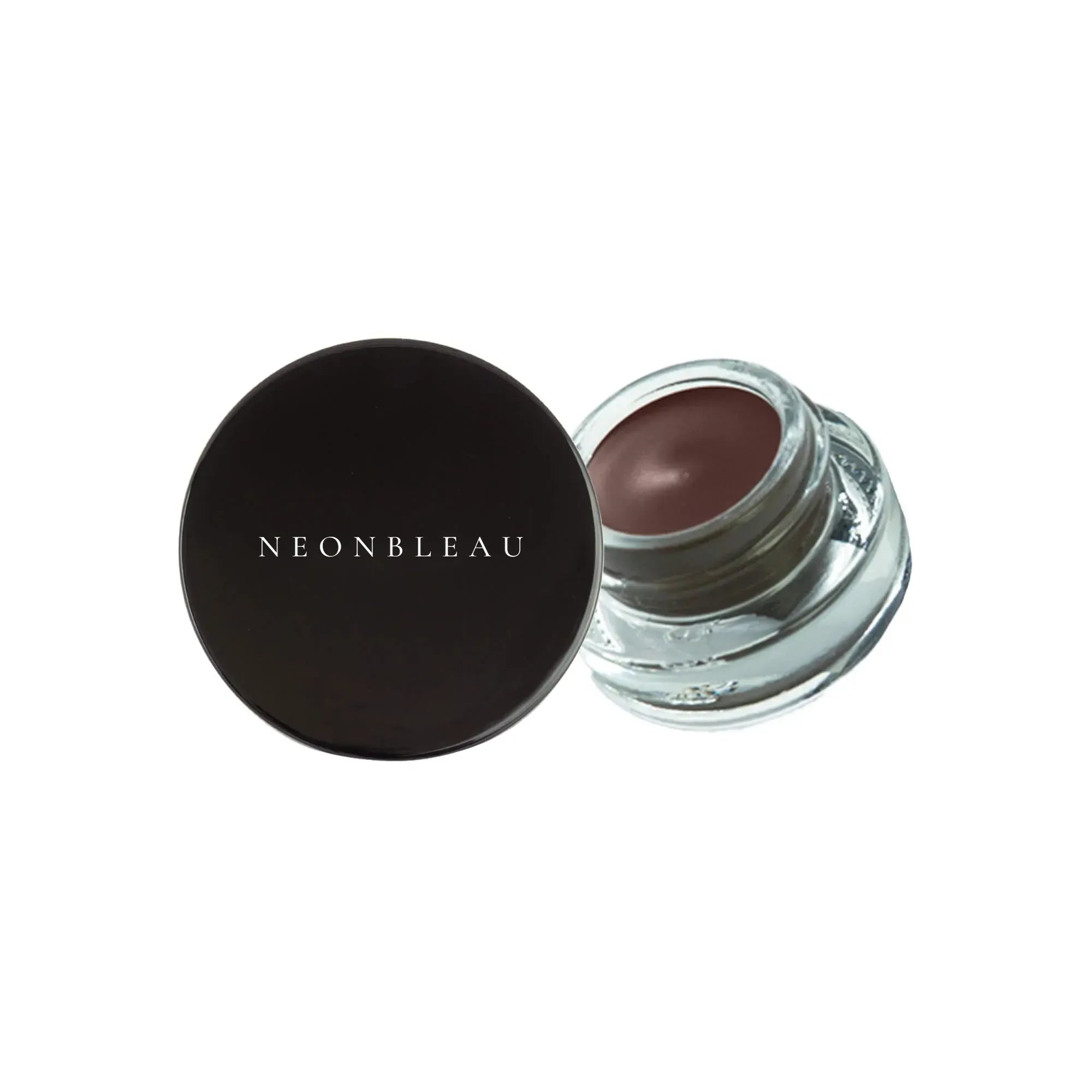 A black jar with "NEONBLEAU" on the lid and an open jar of brown gel eyeliner.