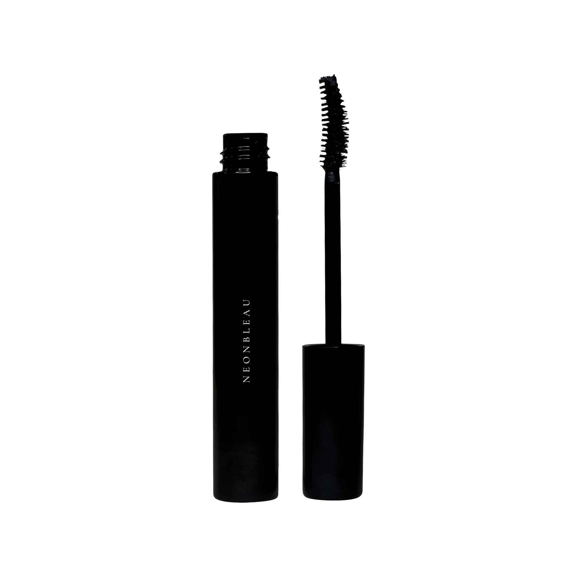 Black mascara tube with the wand removed, showing the brush and "NEONBLEAU" text.