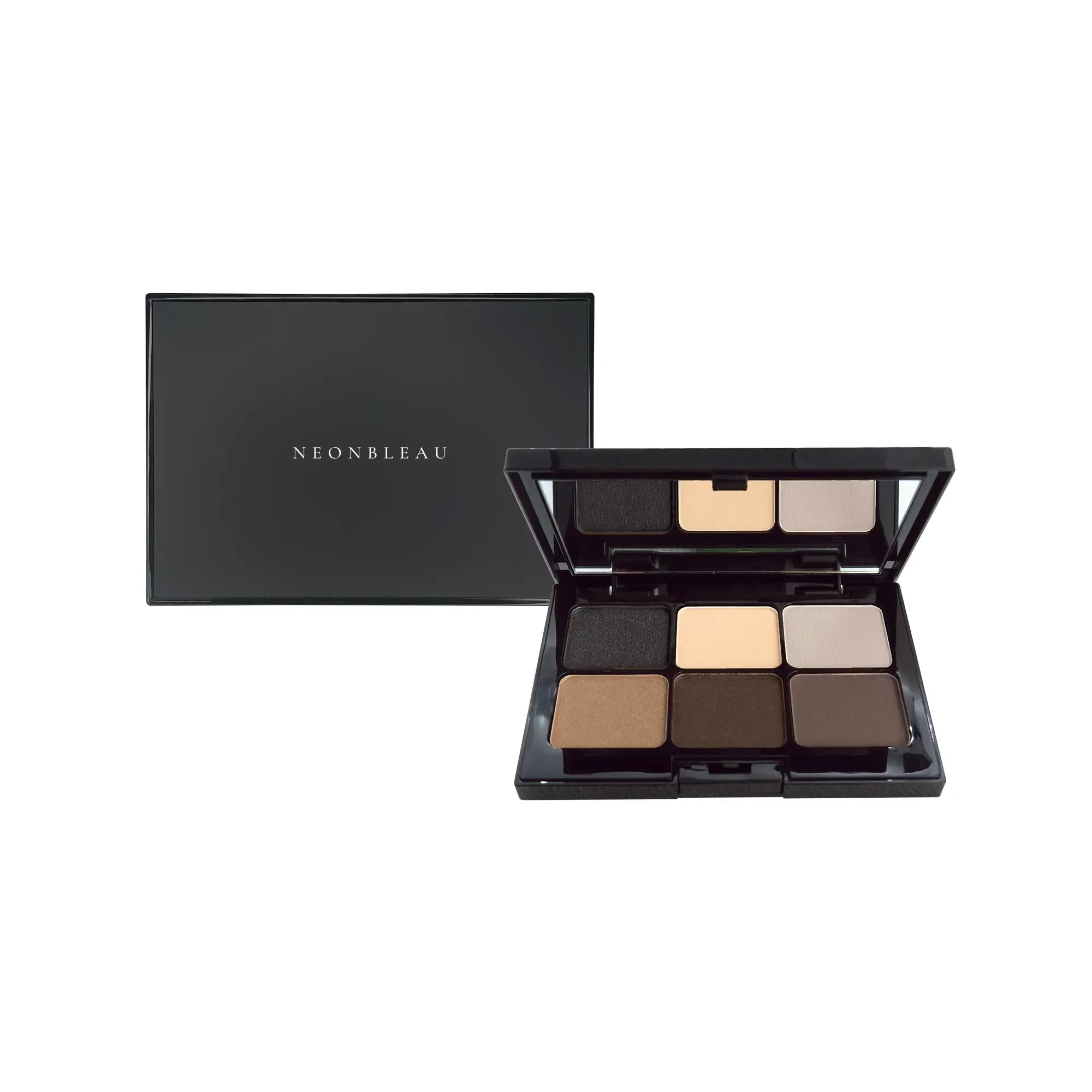 An open eyeshadow palette with six neutral shades and a closed black box.