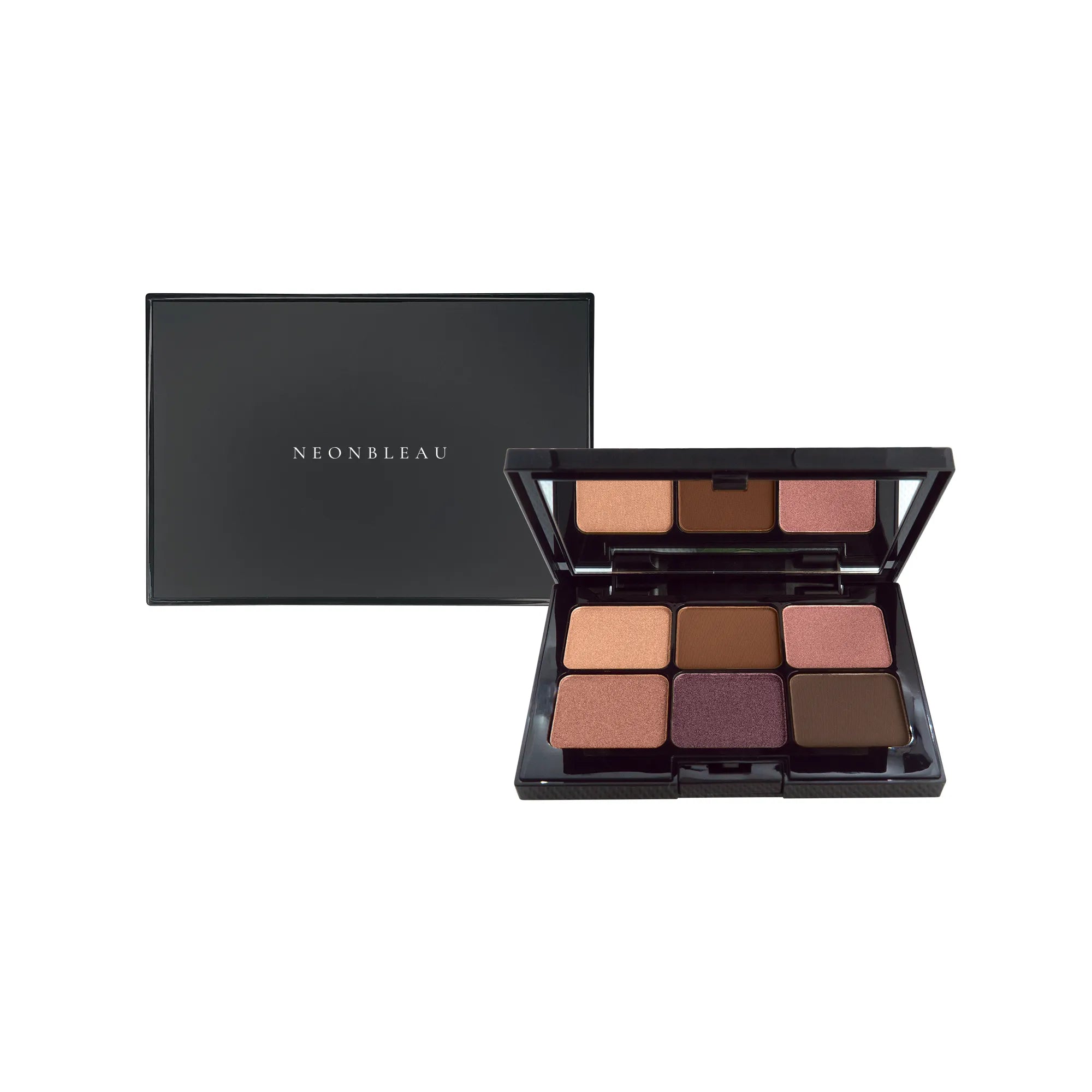 An open eyeshadow palette with six warm-toned shades and a closed black box.