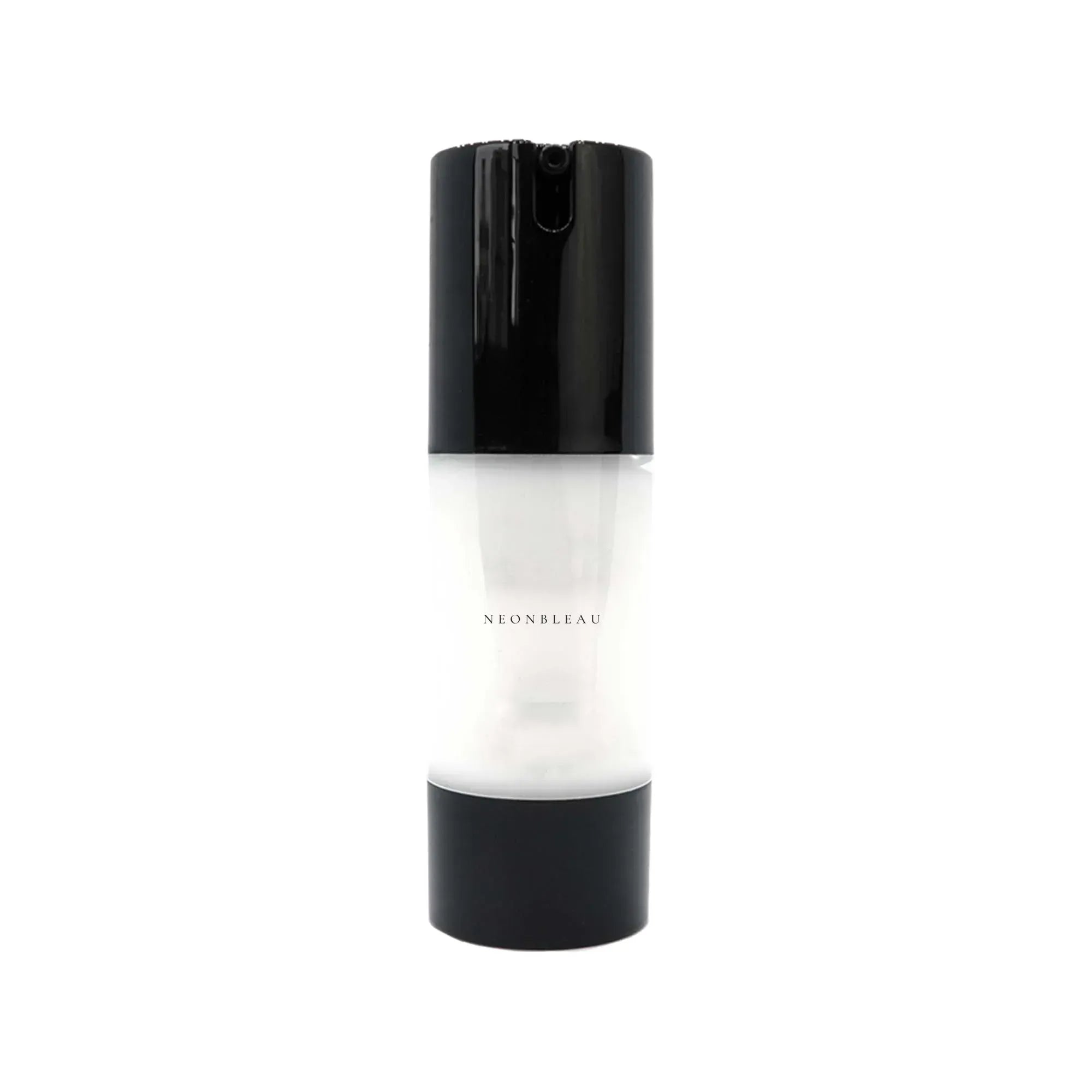 A black and white airless pump bottle with "NEONBLEAU" printed on the side.
