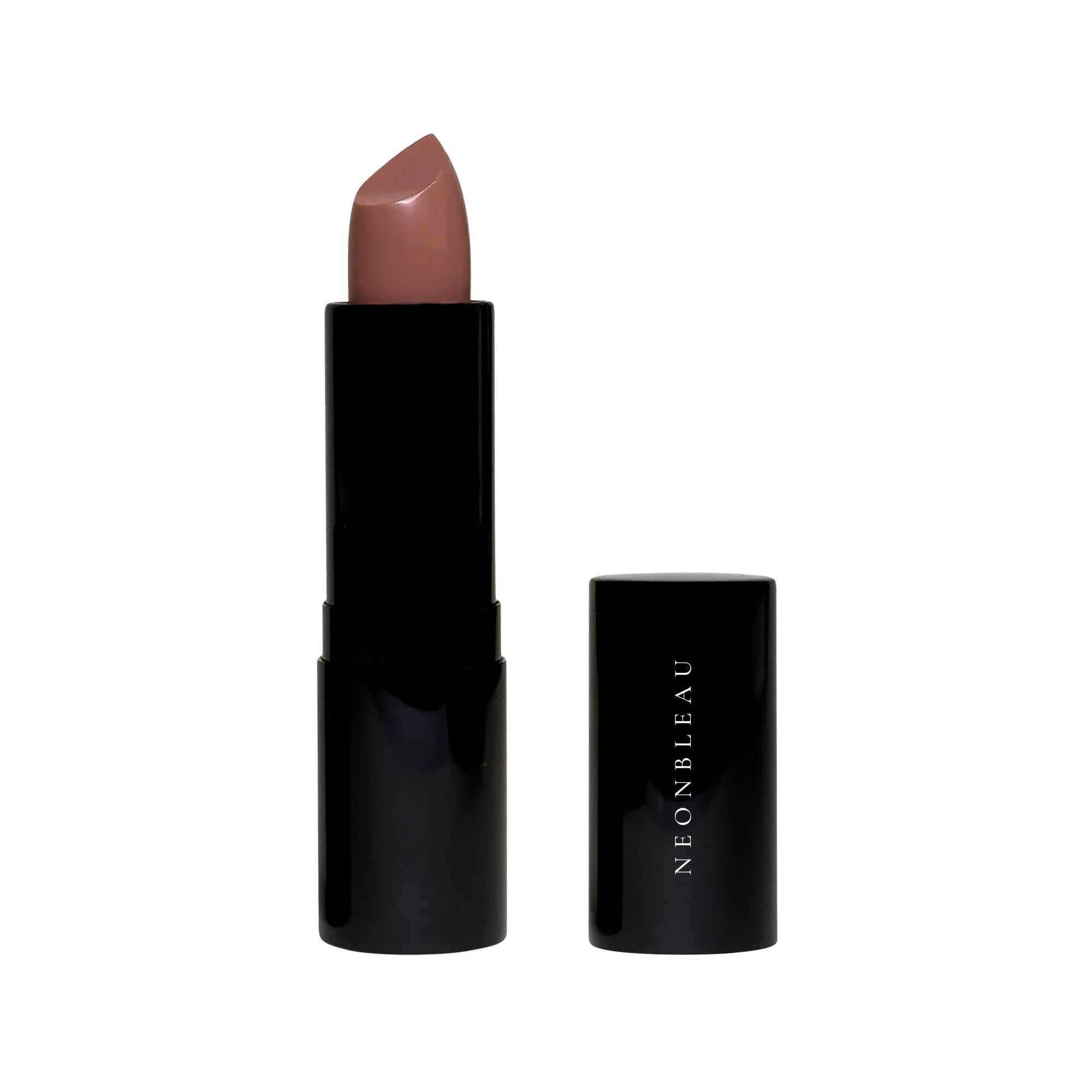 A nude lipstick in a black tube with the cap off, revealing the "NEONBLEAU" logo.