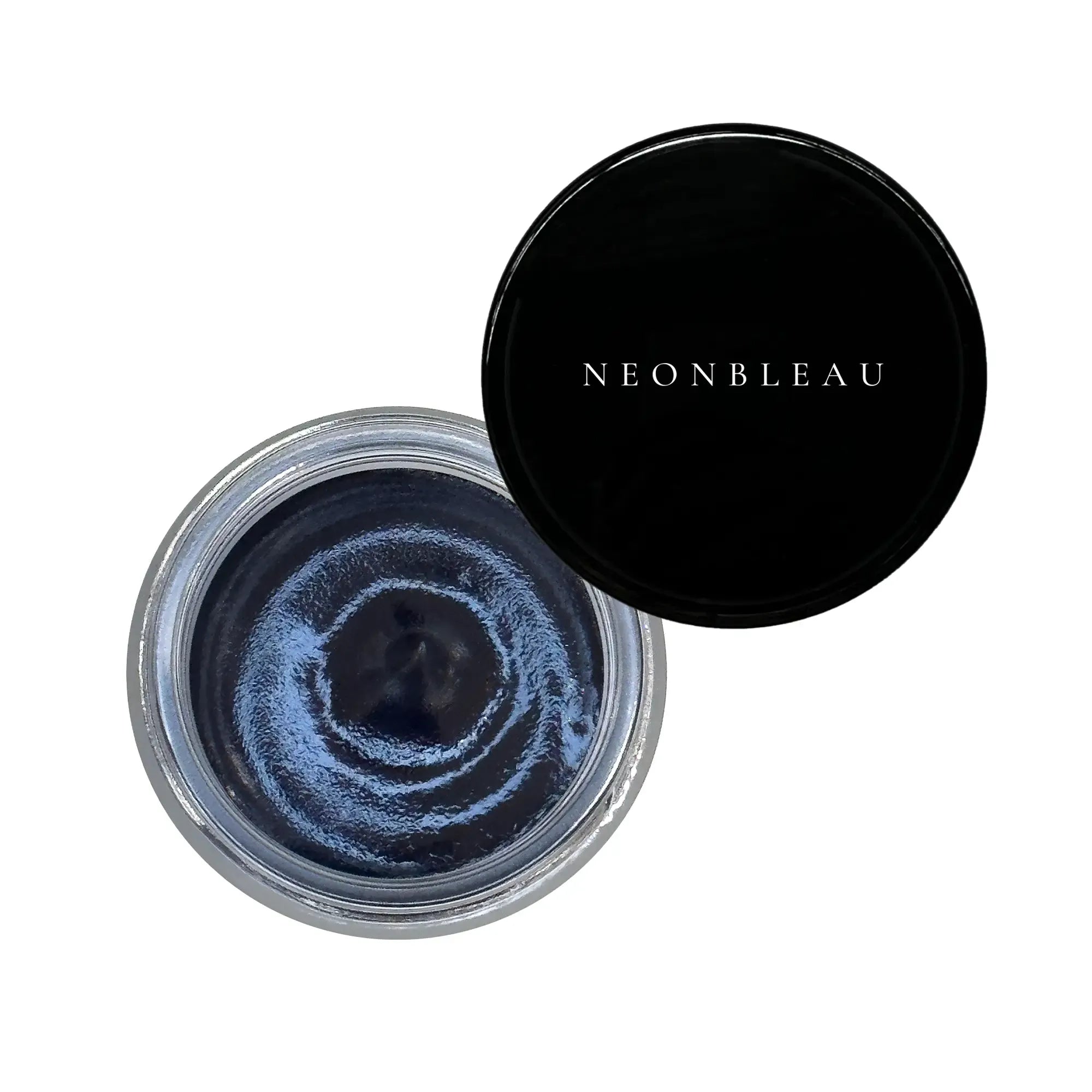 An open jar of dark blue gel with a black lid that says NEONBLEAU.