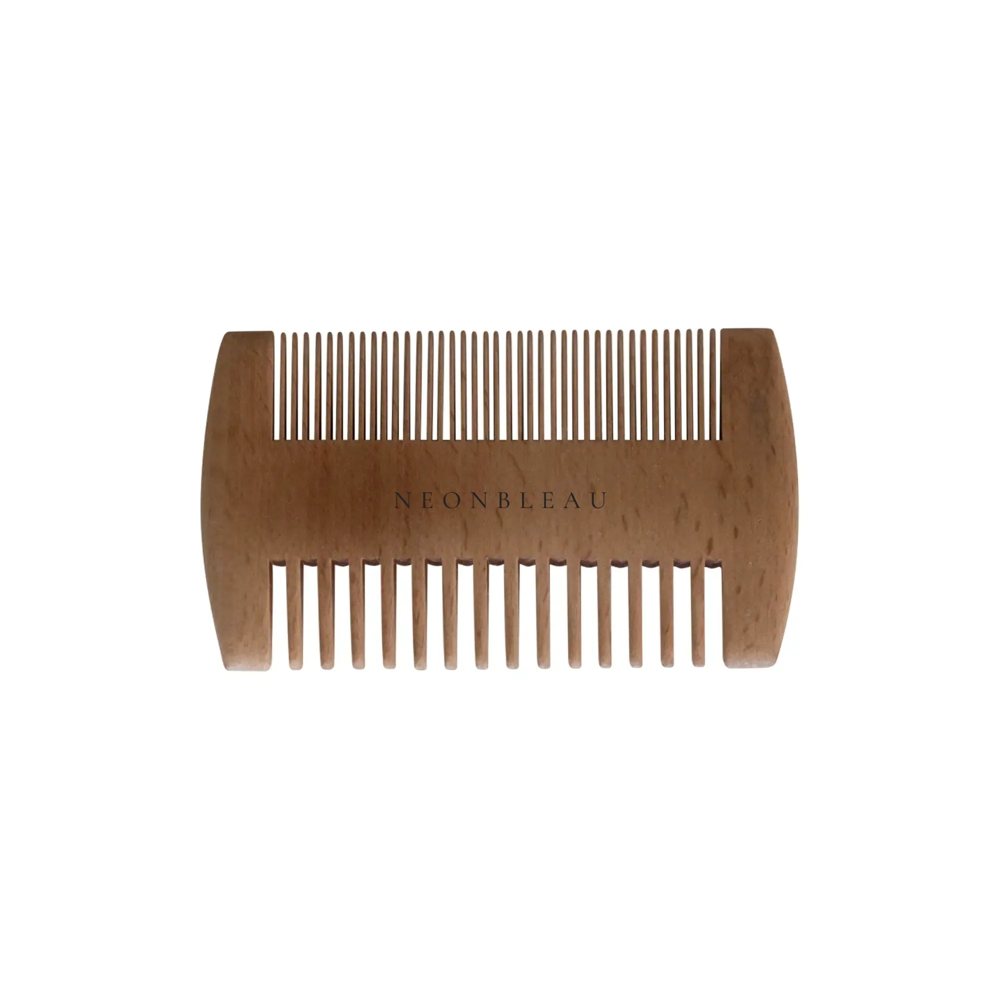 A wooden beard comb with fine and wide teeth, featuring "NEONBLEAU" engraved.