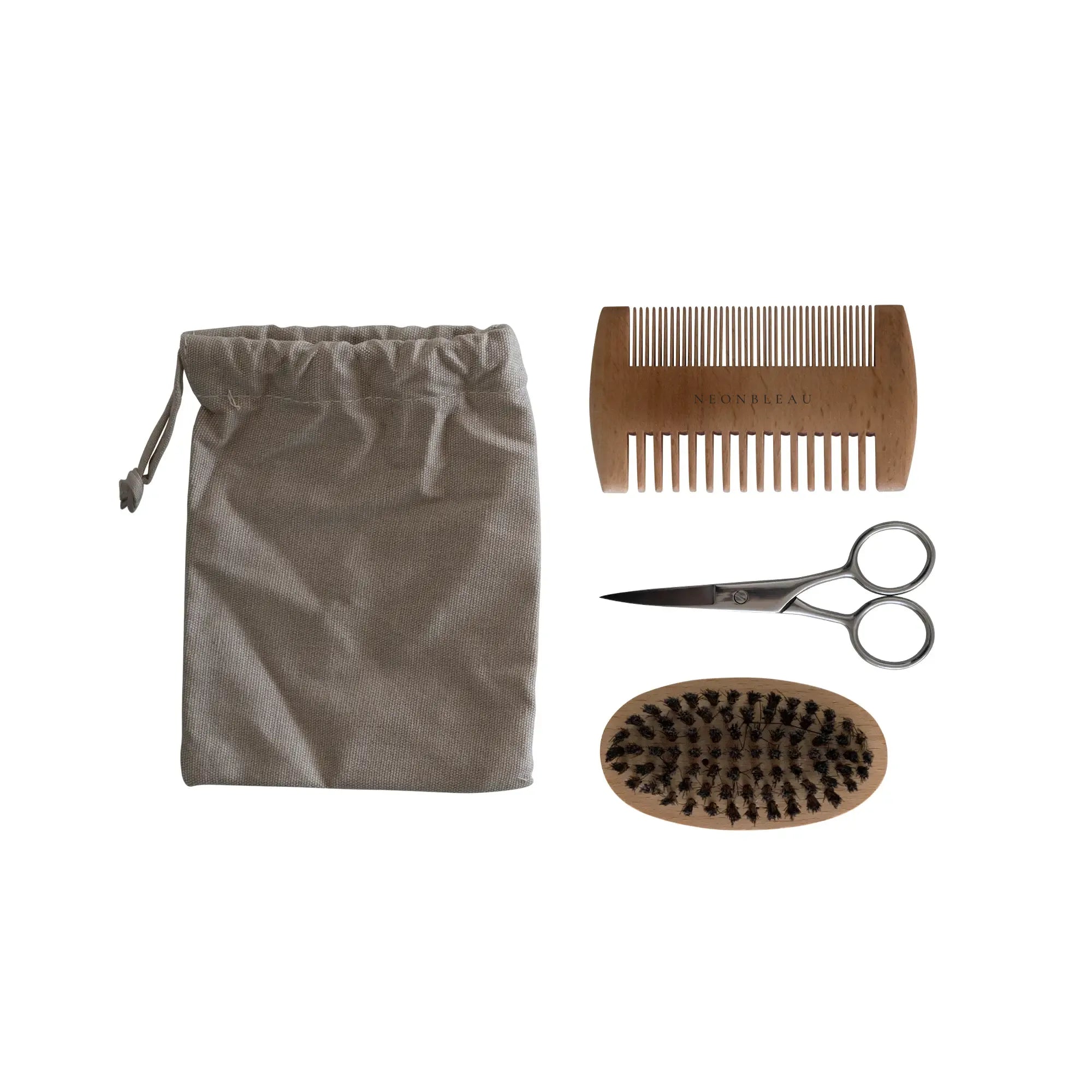 A grooming kit with a drawstring bag, wooden comb, scissors, and a wooden brush.