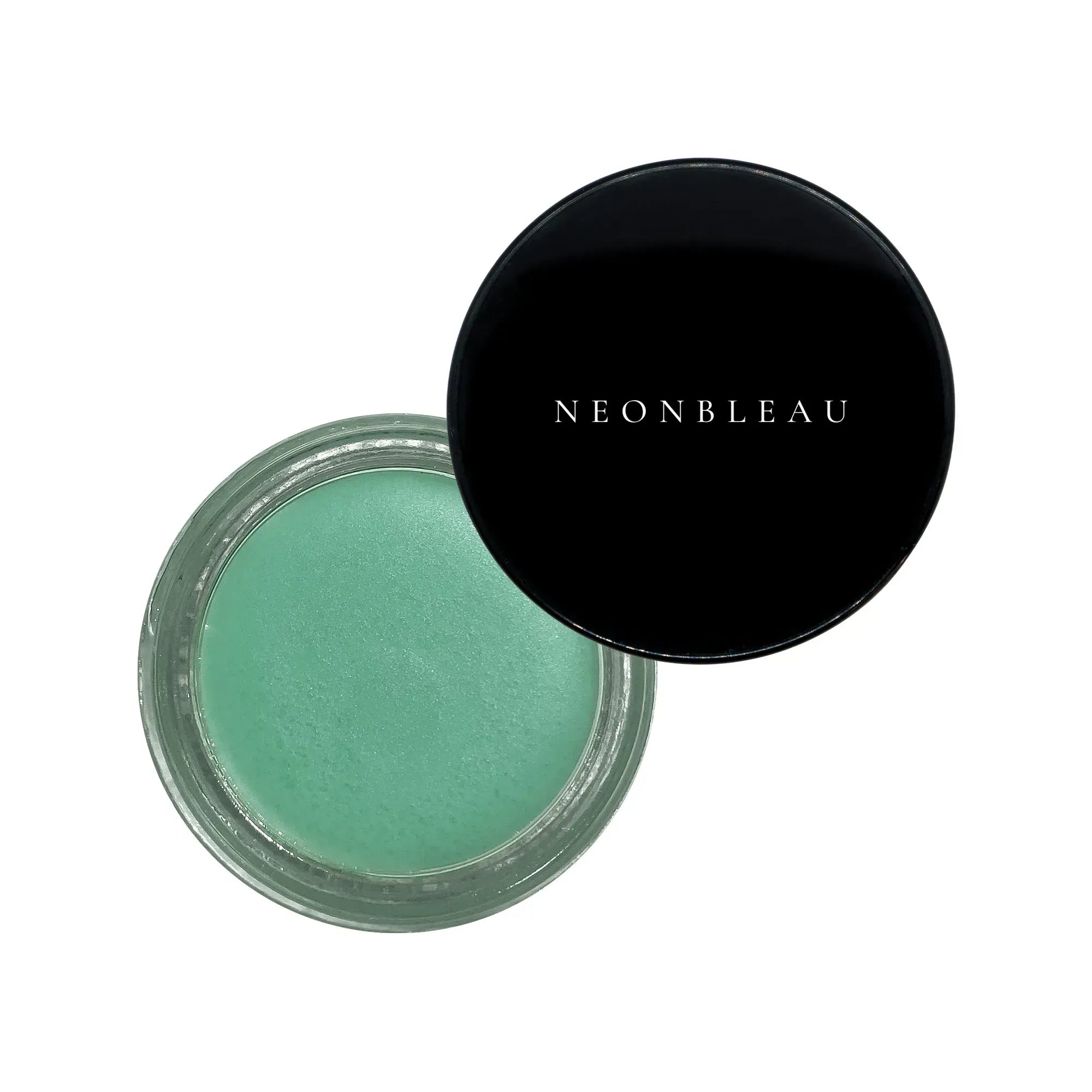 Open jar of mint green lip scrub with a black lid featuring "NEONBLEAU" in white.