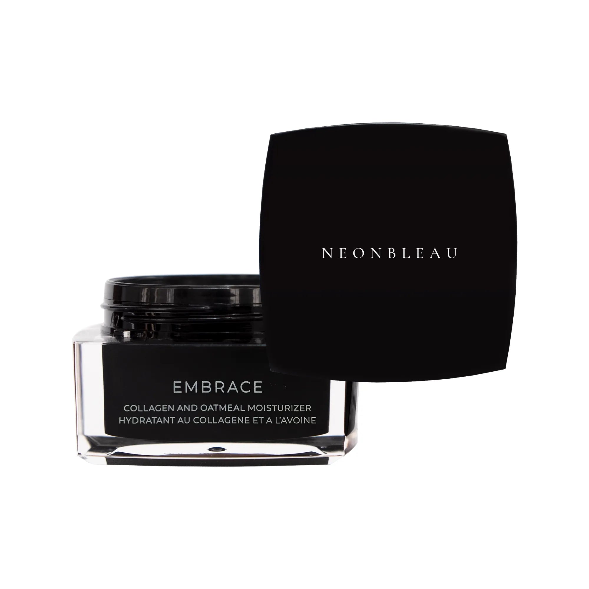 Black jar of Embrace Collagen and Oatmeal Moisturizer with its lid open.