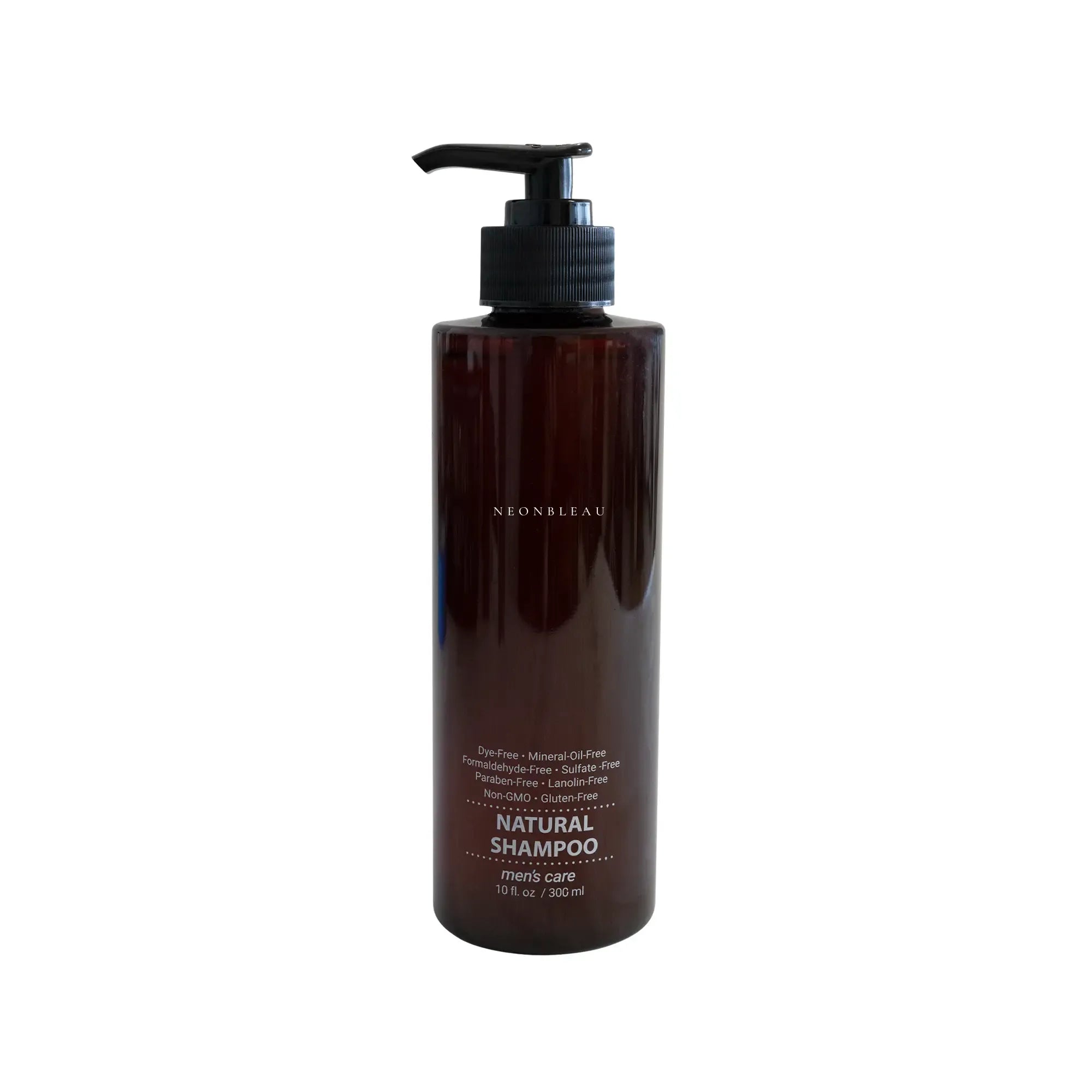 Brown pump bottle of NeonBleau Natural Shampoo for men's care.