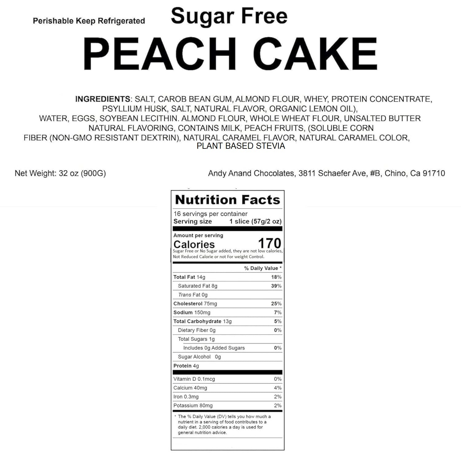 Andy Anand Sugar-Free Peach Cake (9-inch, 2 lbs) | Sugar-Free & Keto Cake | Local SoCal Bakery