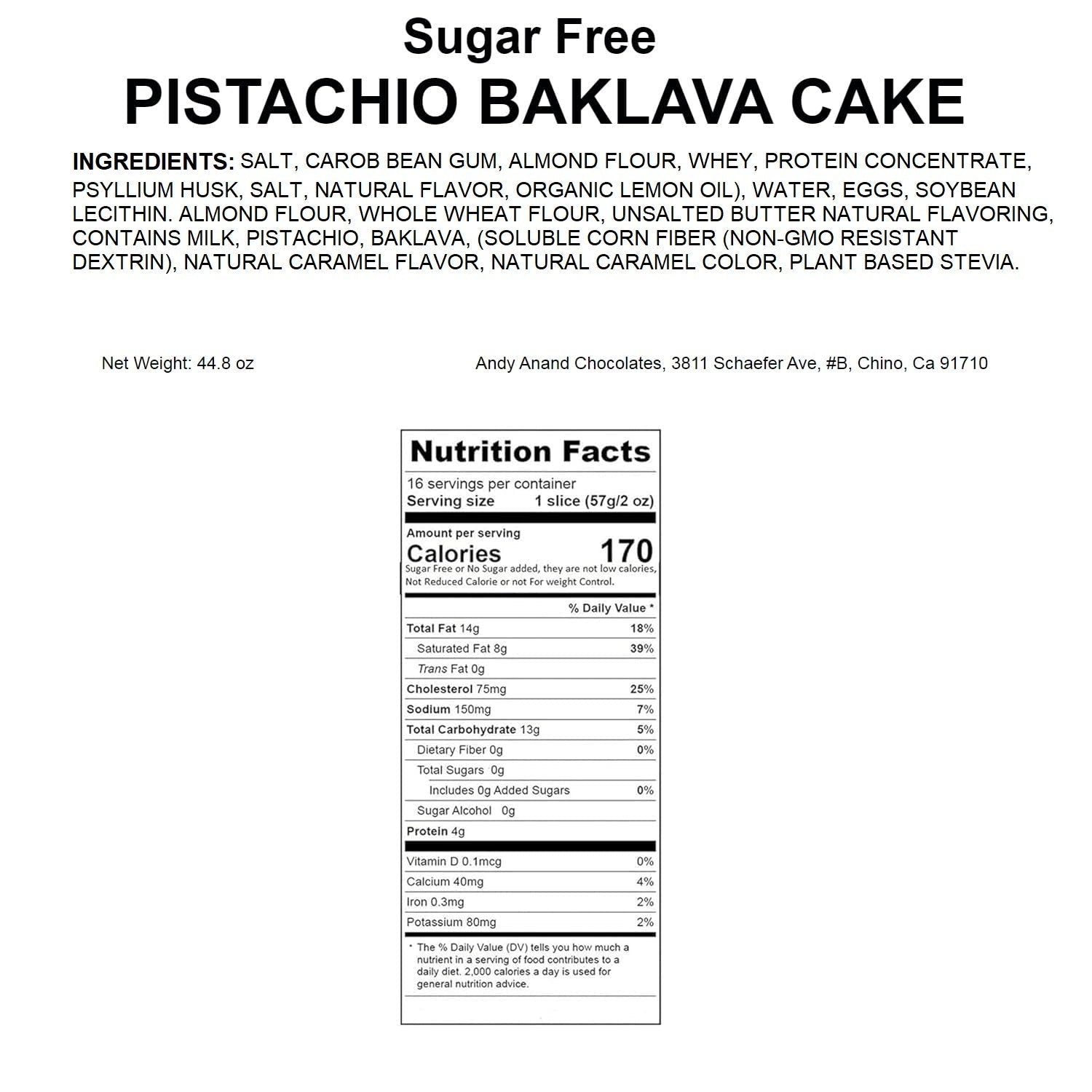 Andy Anand Sugar-Free Baklava Pistachio Cake (9-inch, 2.8 lbs) | Keto & Diabetic-Friendly | SoCal Bakery