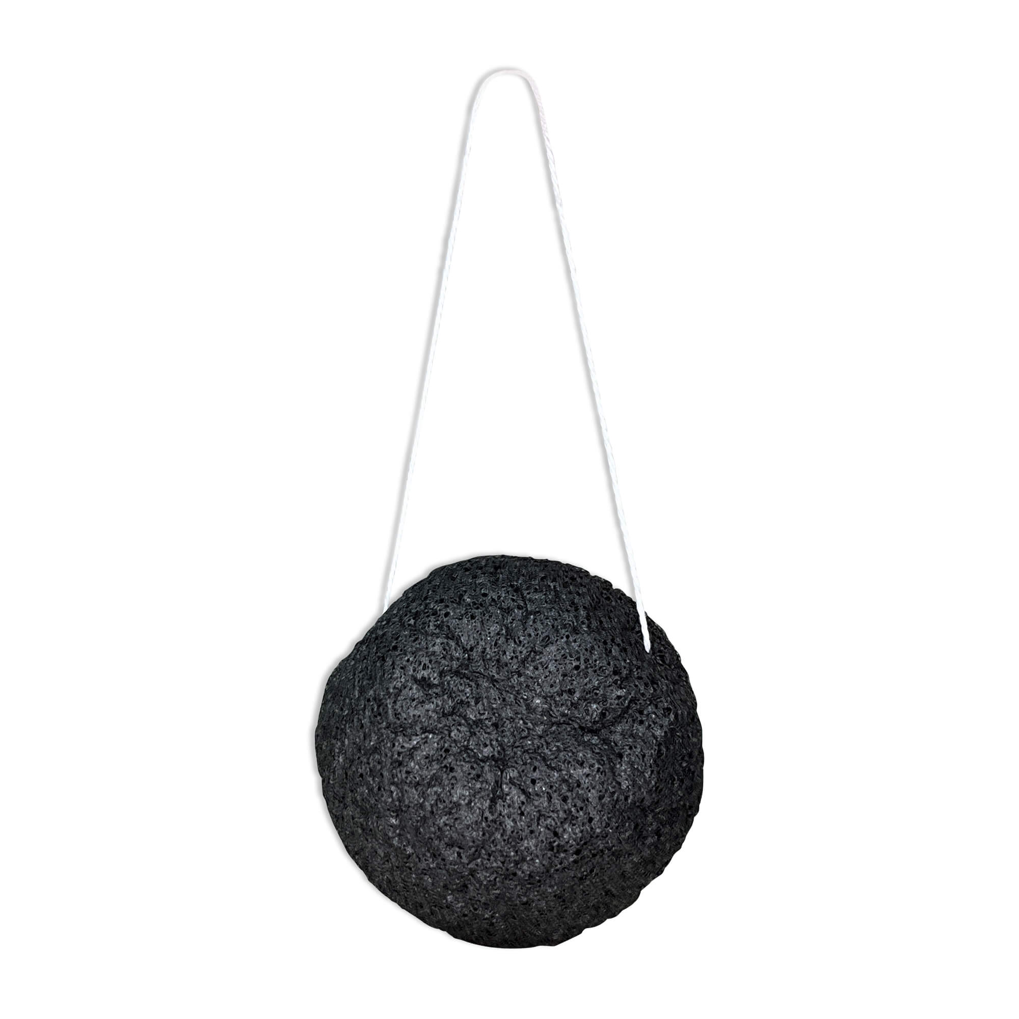 Black, round konjac sponge with a white string for hanging.