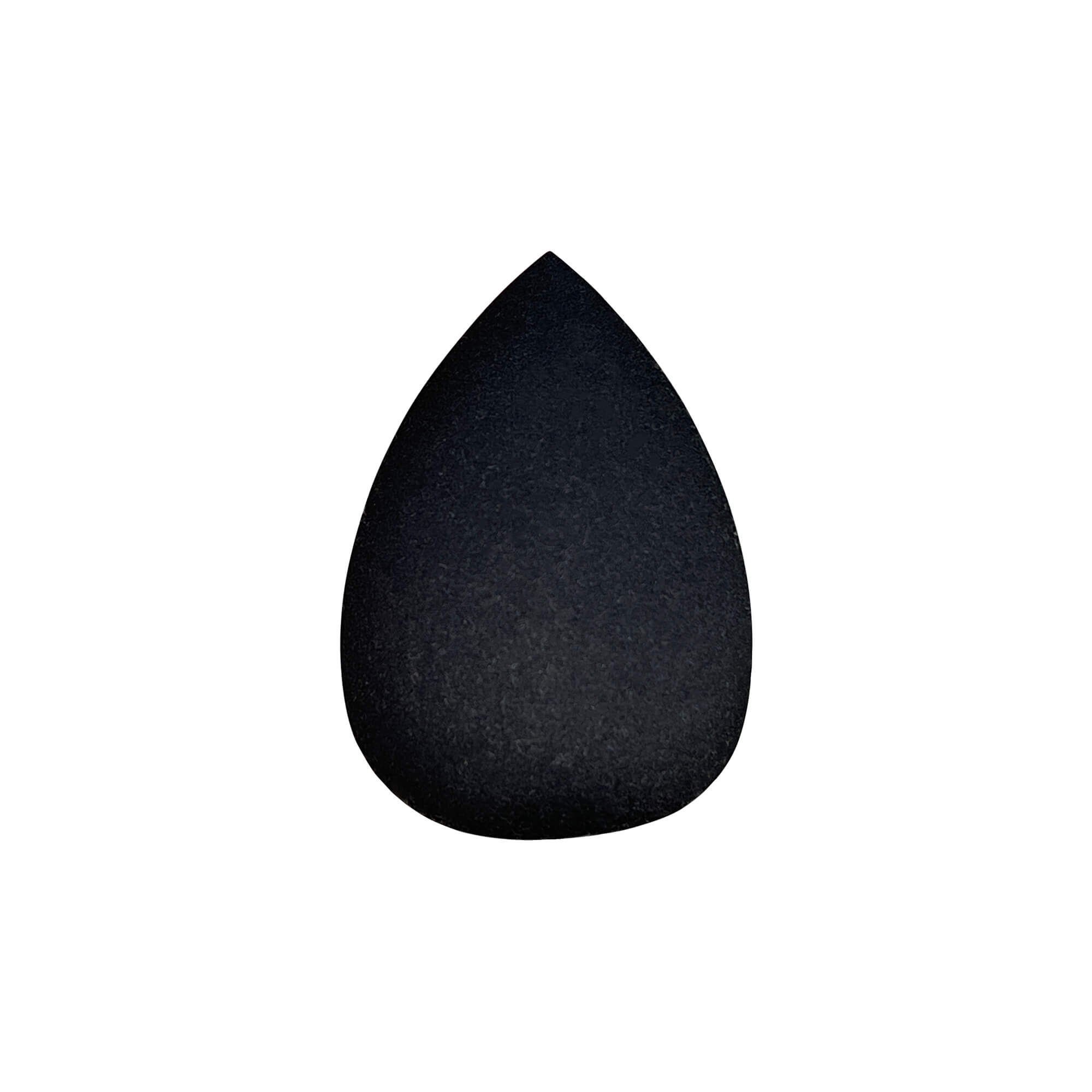 A black, teardrop-shaped makeup sponge with a textured surface.