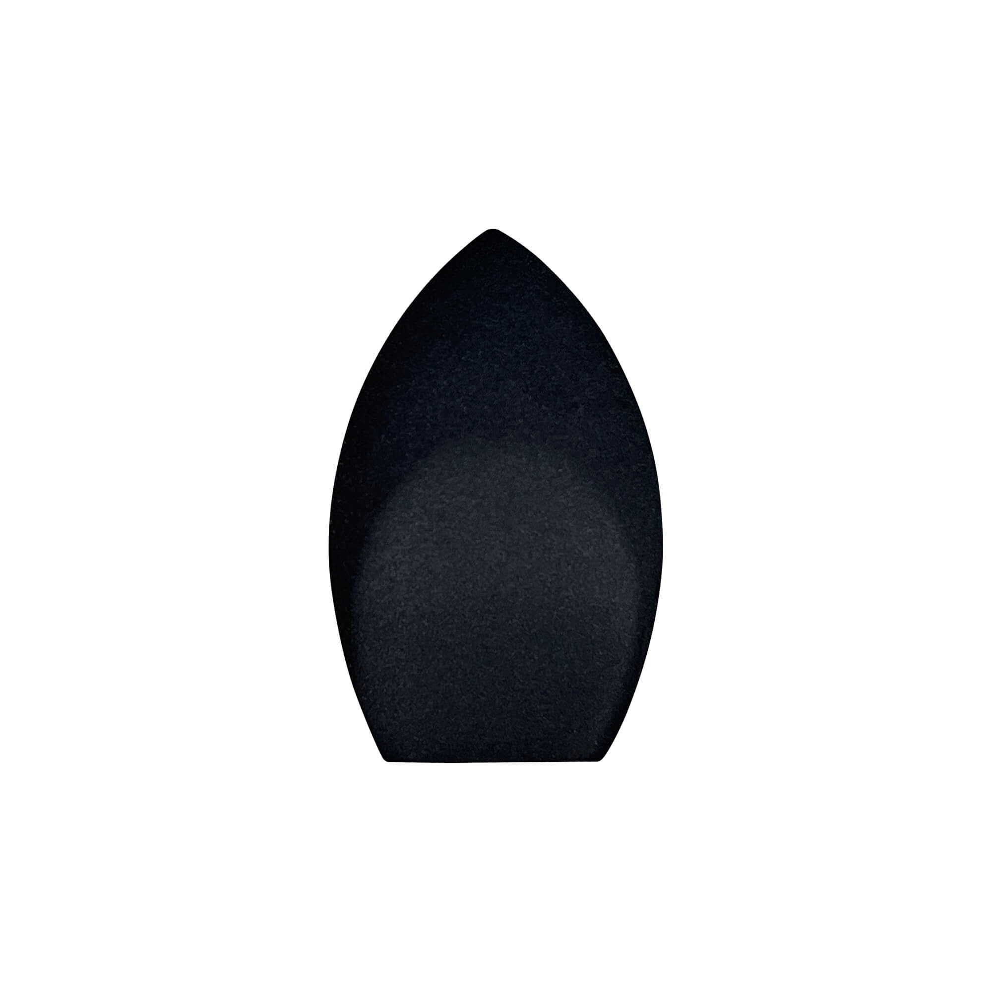 Black, teardrop-shaped makeup blender with a flat bottom.