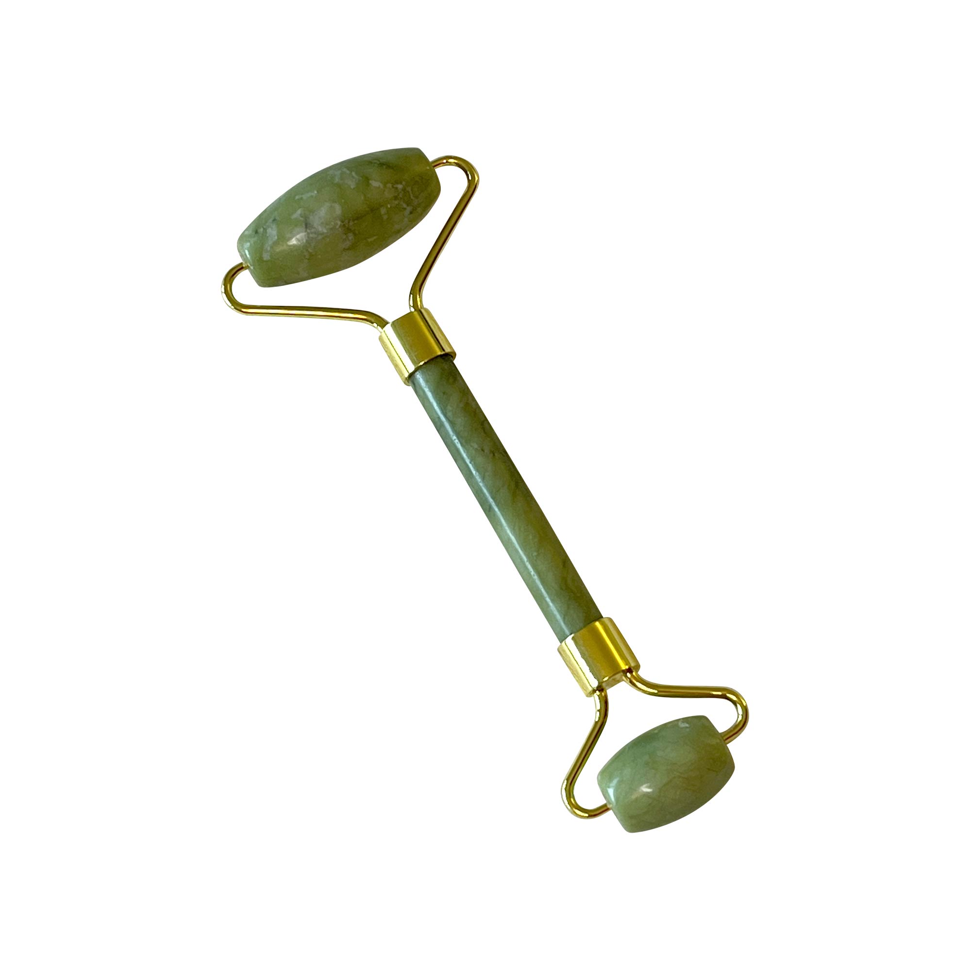 A jade roller with two green stone rollers and a gold-colored handle.