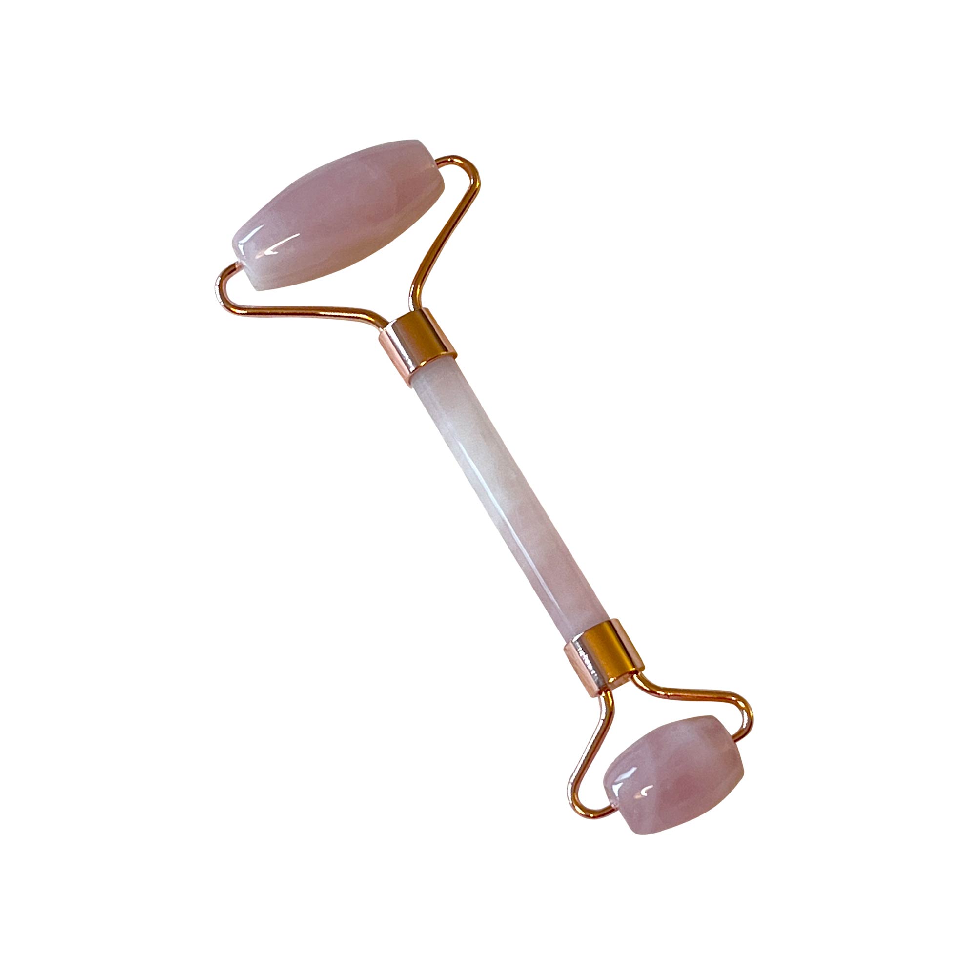 Rose quartz roller with a large and small stone on a gold-colored frame.