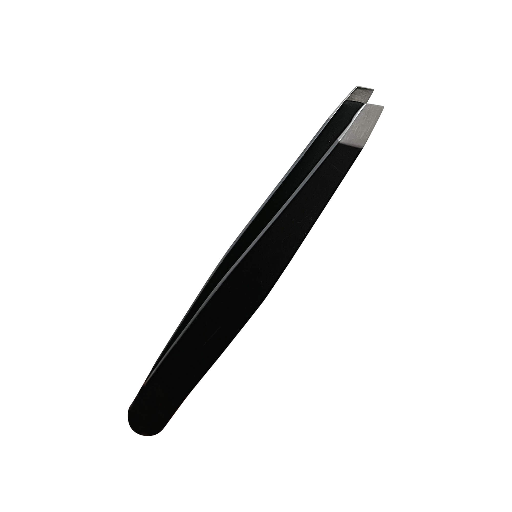 Black precision tweezers with slanted tips.