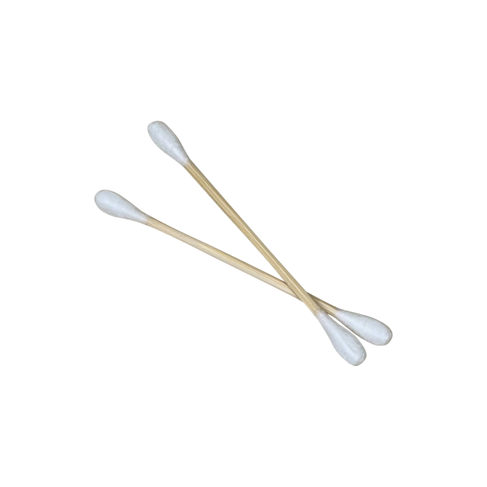 Two biodegradable cotton swabs with bamboo sticks are crossed on a white background.