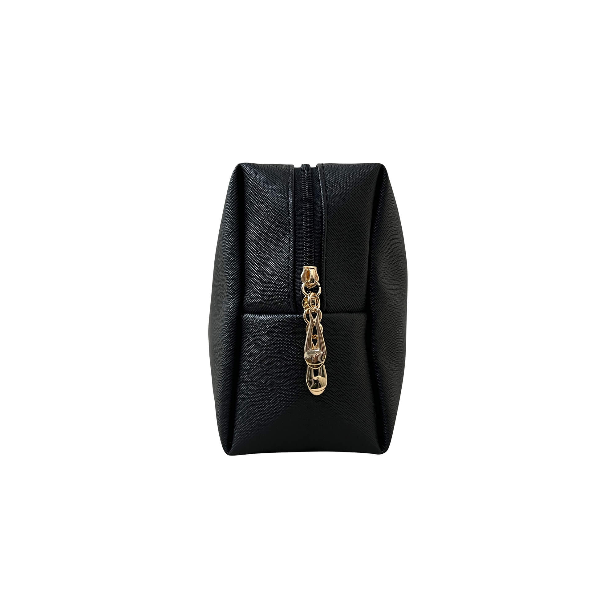 Black textured makeup bag with a gold zipper pull.