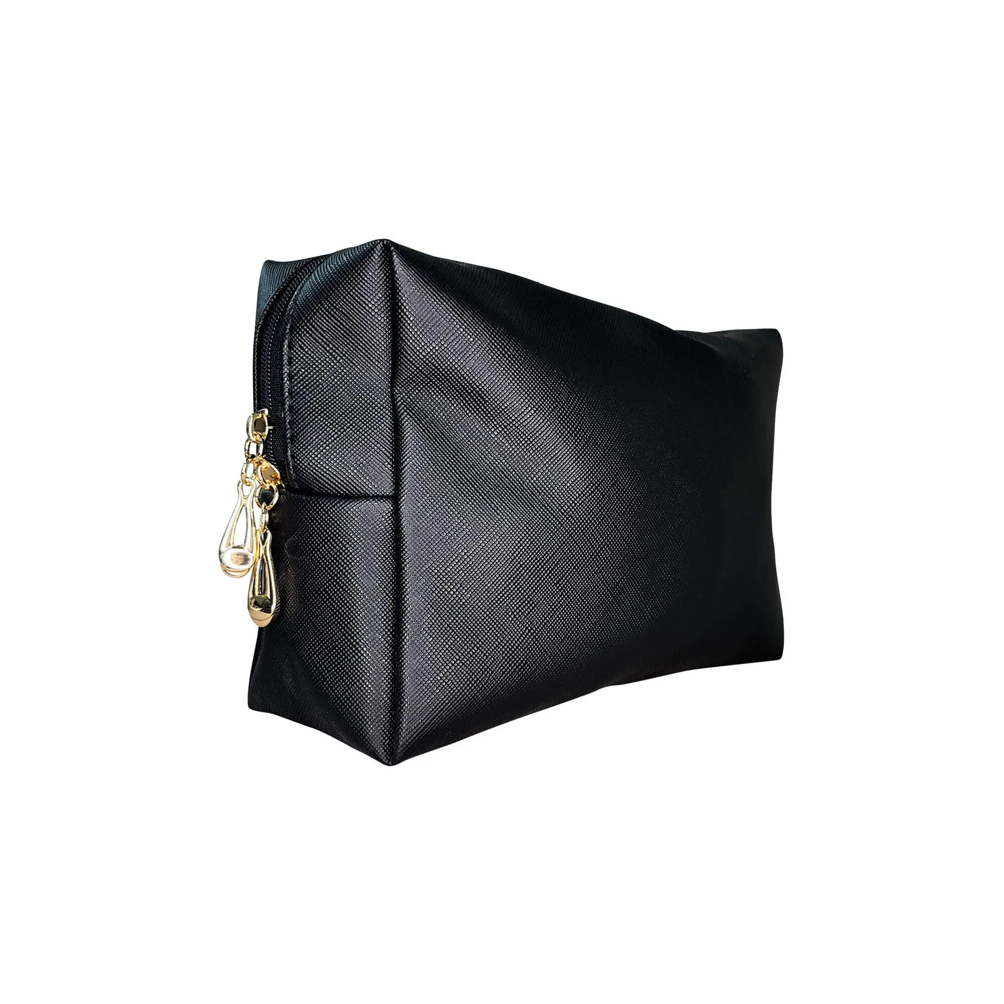 Black textured makeup bag with a gold zipper and two teardrop-shaped pulls.