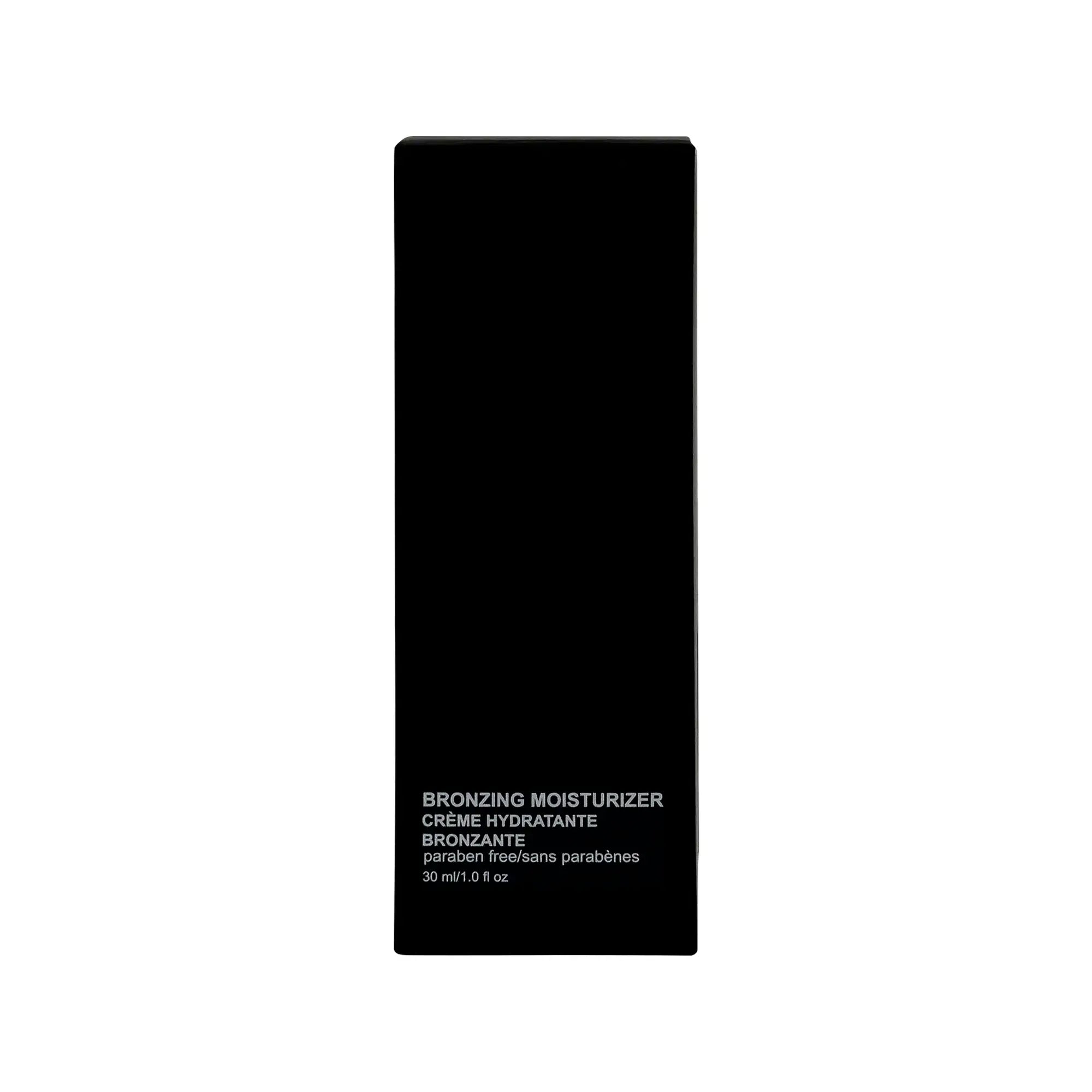 Black bronzing moisturizer box with white text on a white background.