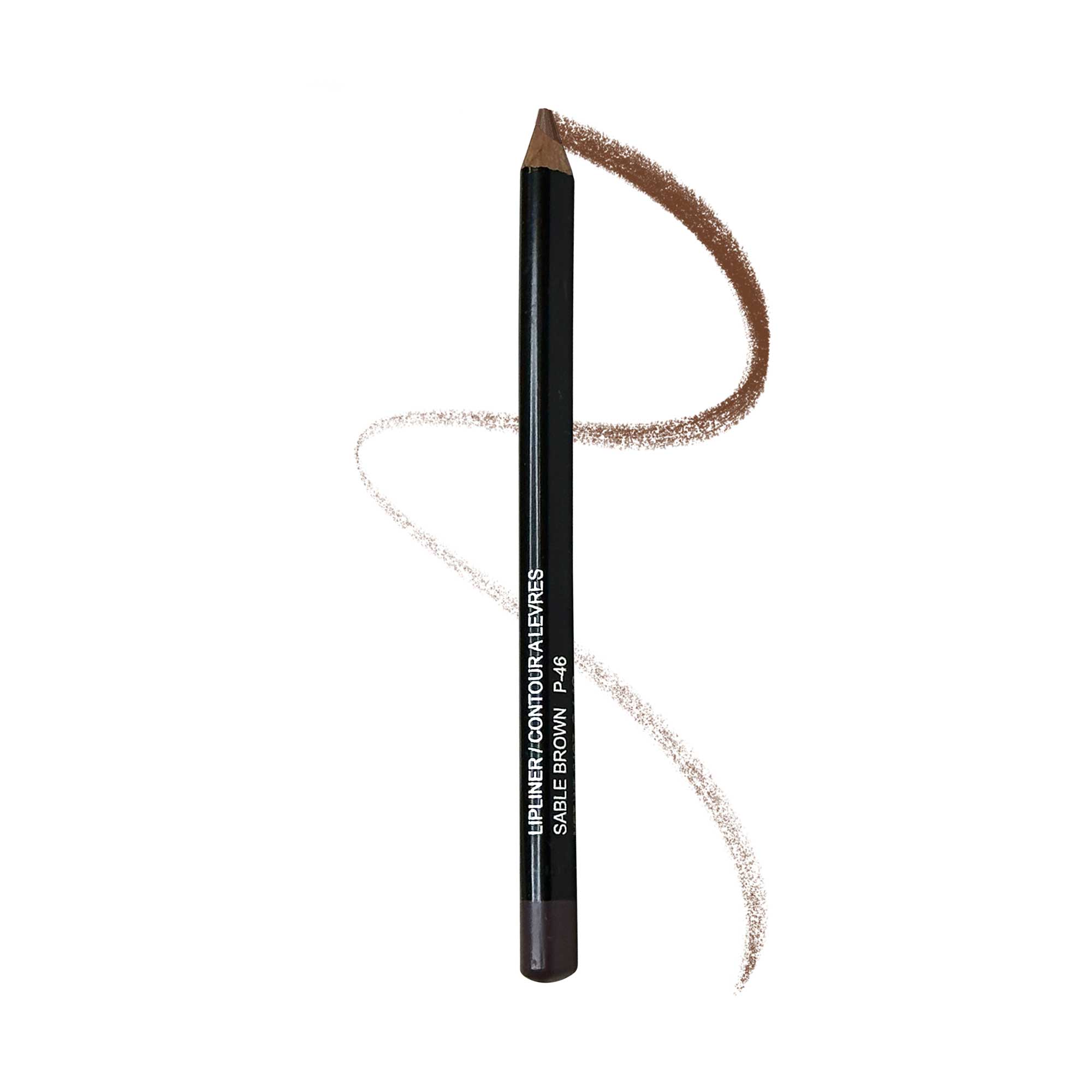 A sable brown lip liner pencil with a swatch of the color on a white background.
