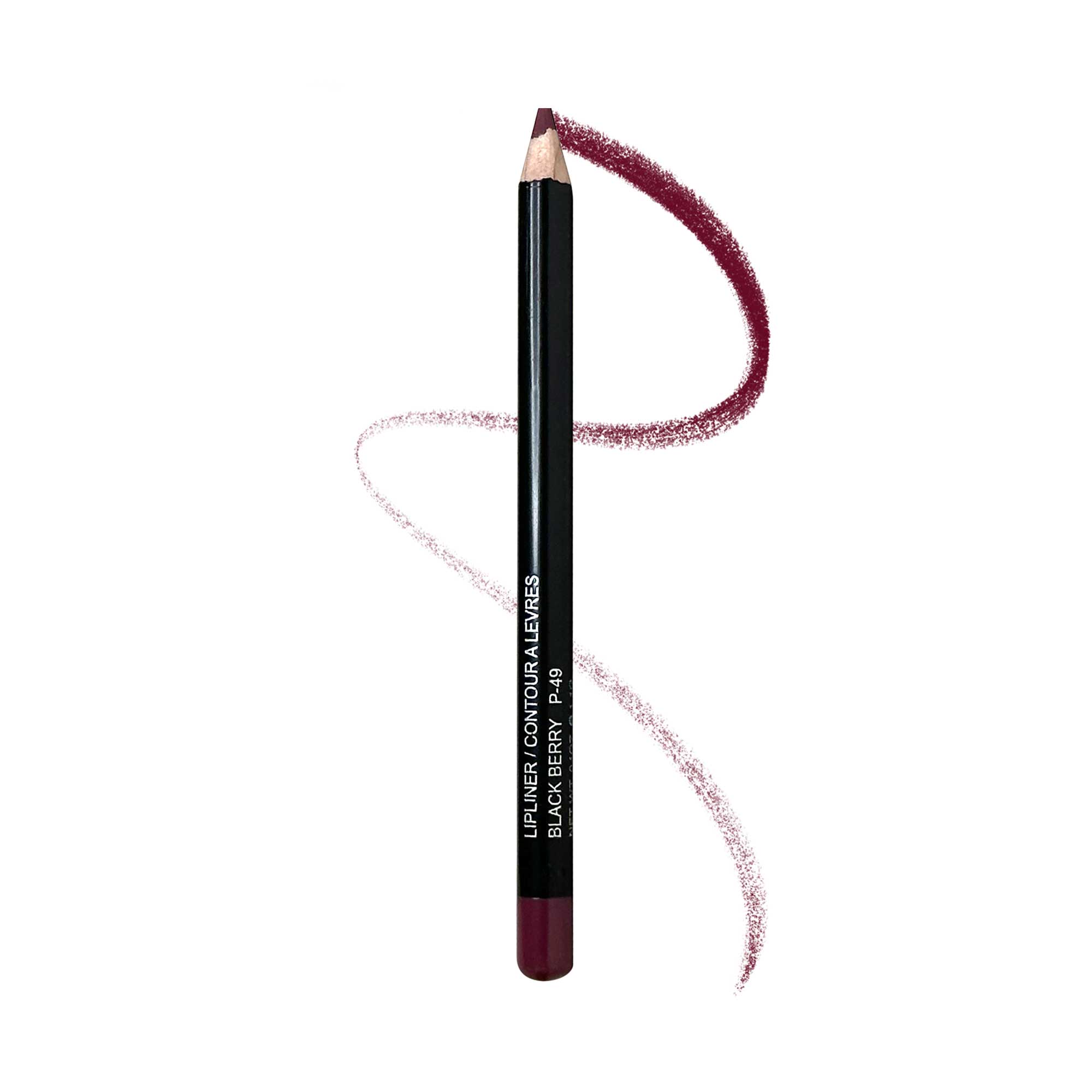 A black lip liner in Black Berry with a matching swatch on a white background.