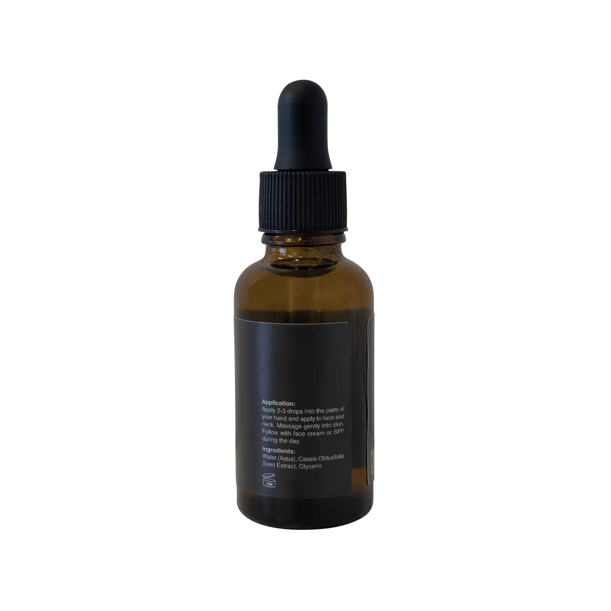 Brown glass dropper bottle with a black cap and a label showing application and ingredients.