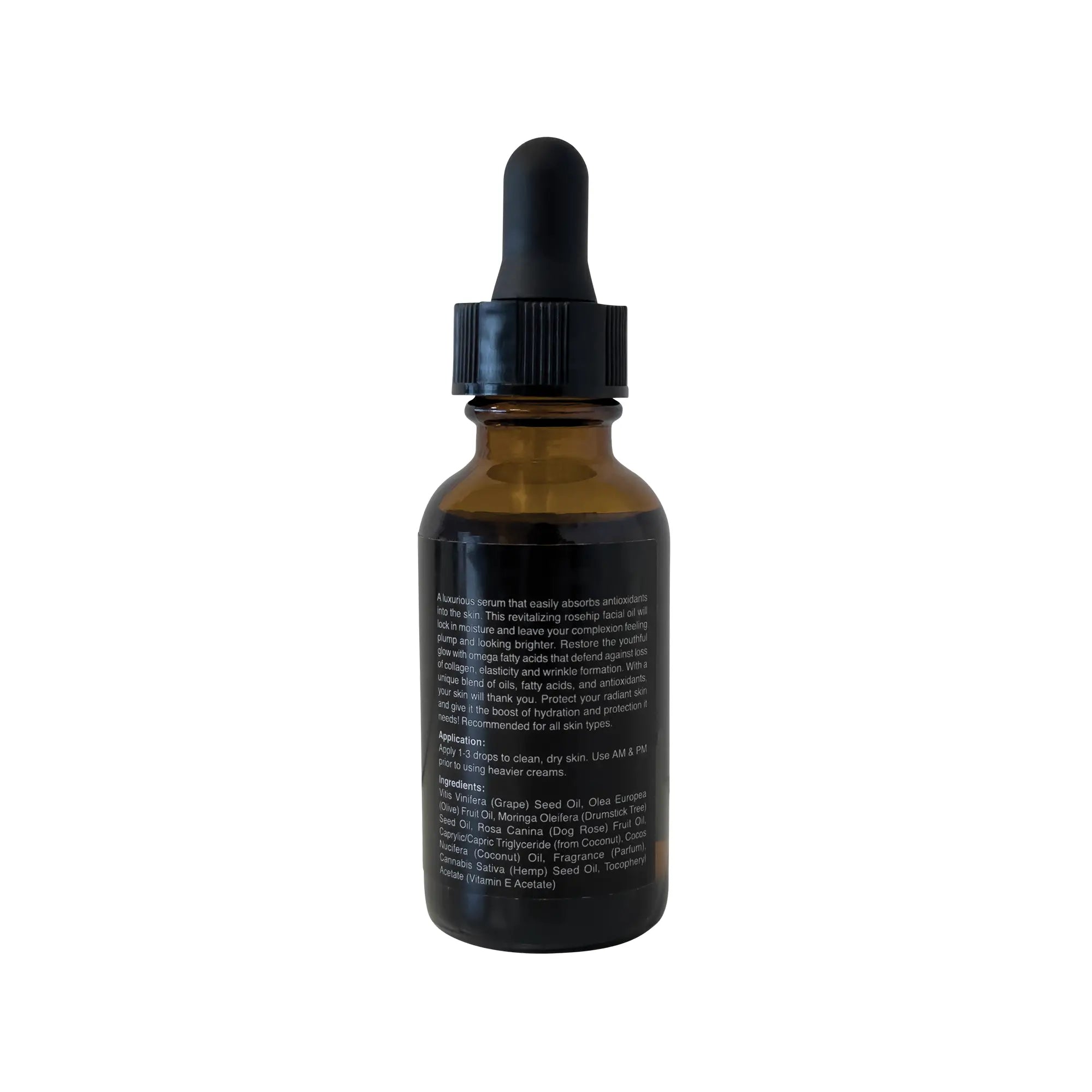 A brown dropper bottle with a black cap and label, containing anti-aging rose gold oil.