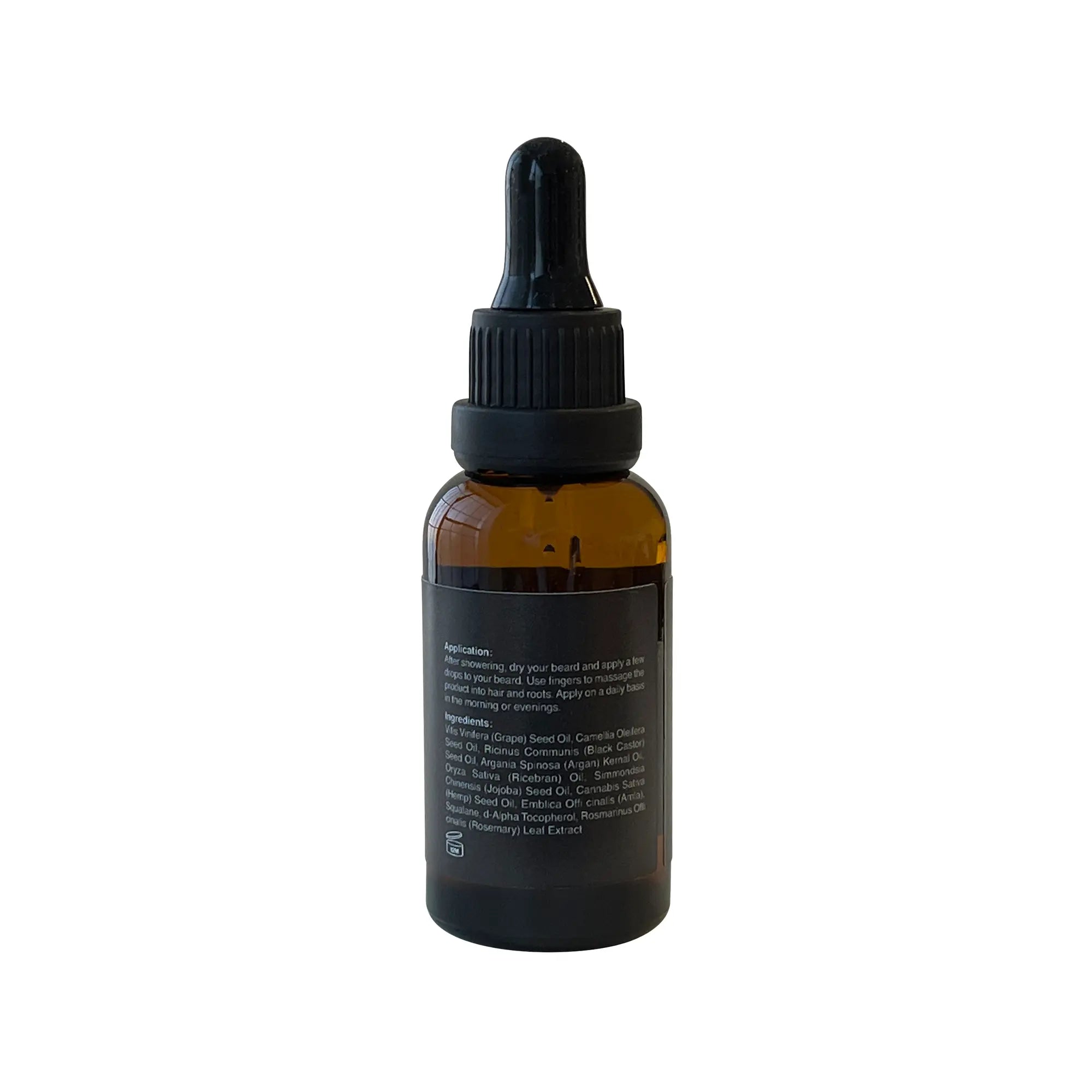 Brown dropper bottle of beard growth oil with a black label.
