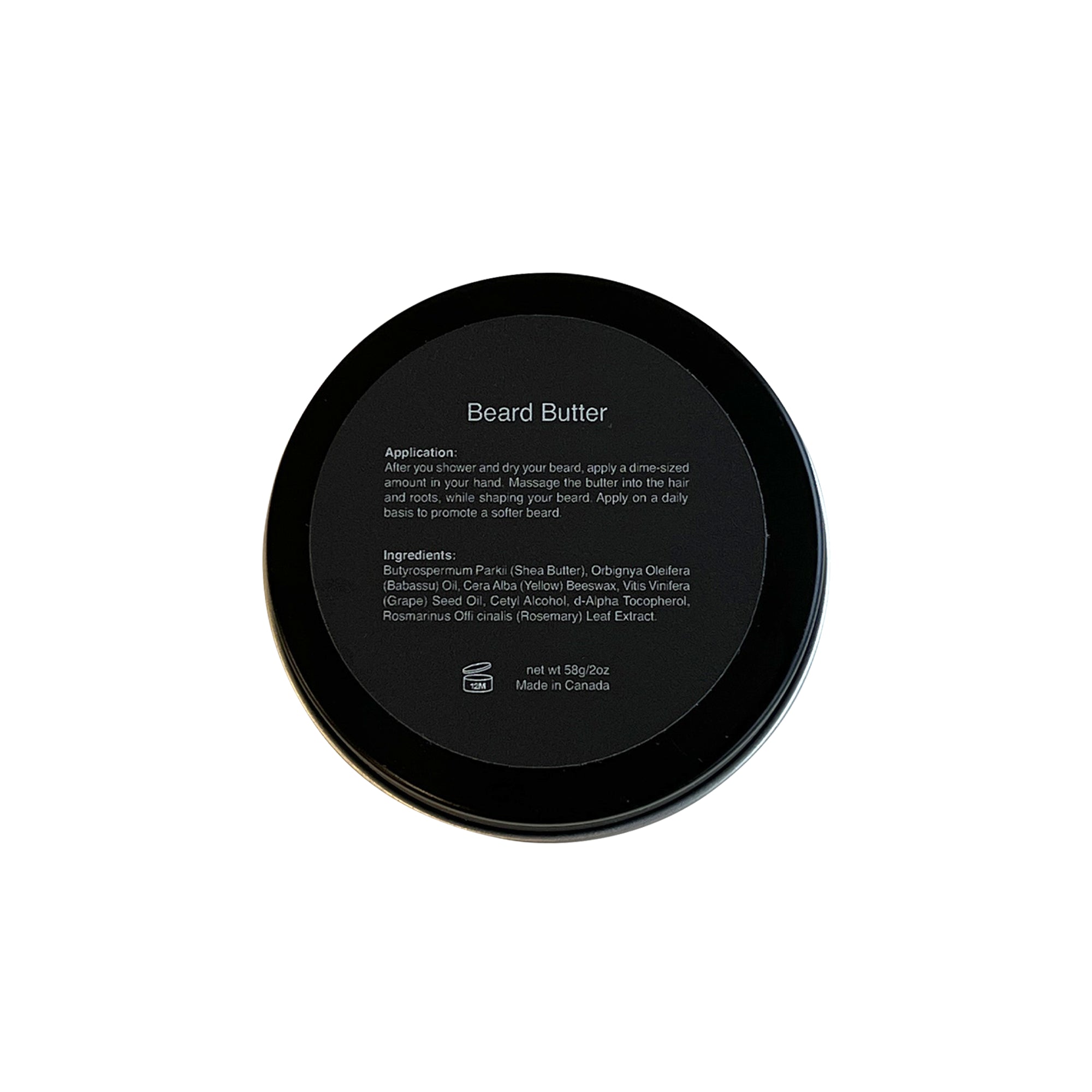 Black tin of Beard Butter with application instructions and ingredients listed in white text.
