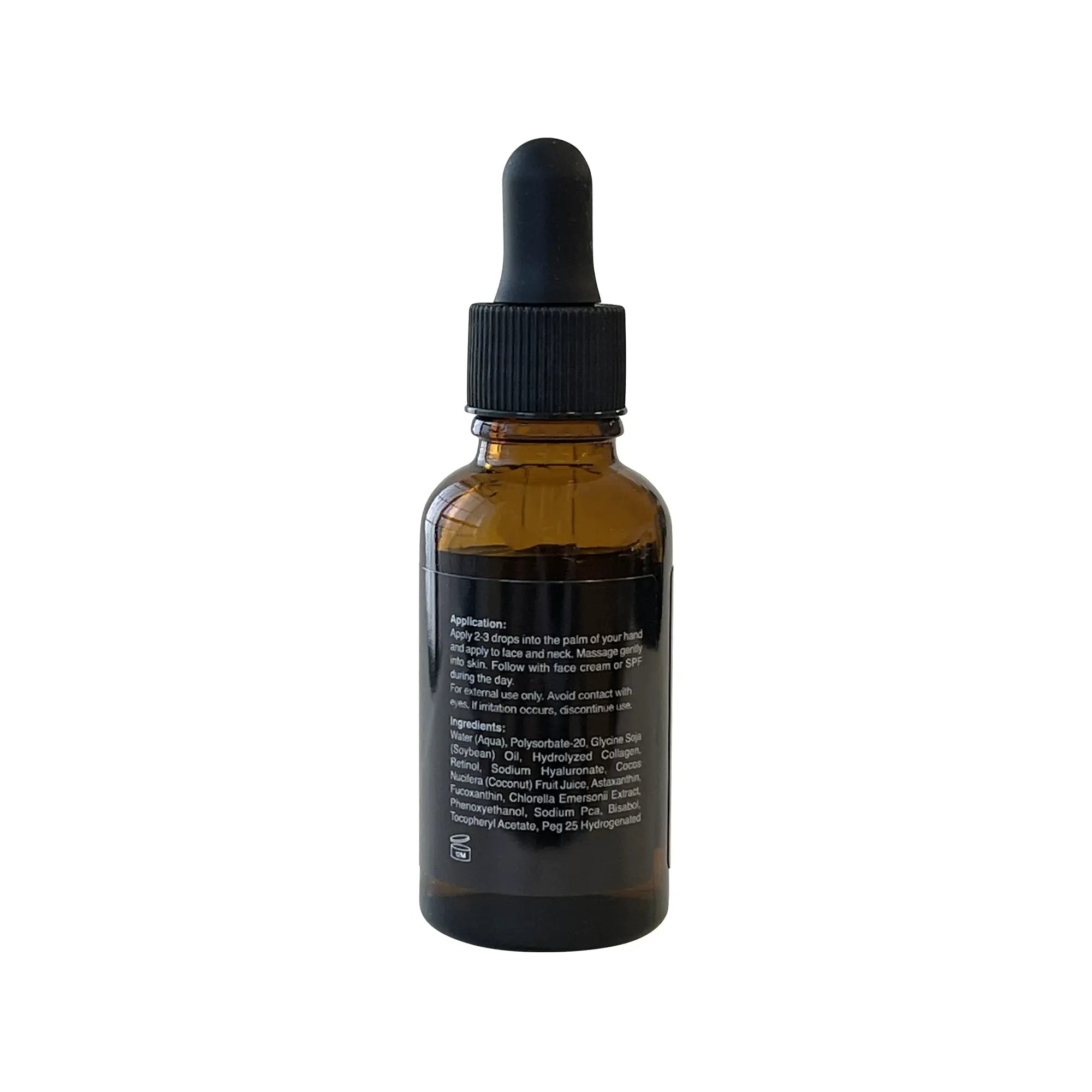 Amber glass dropper bottle with a black cap and a black label with white text.