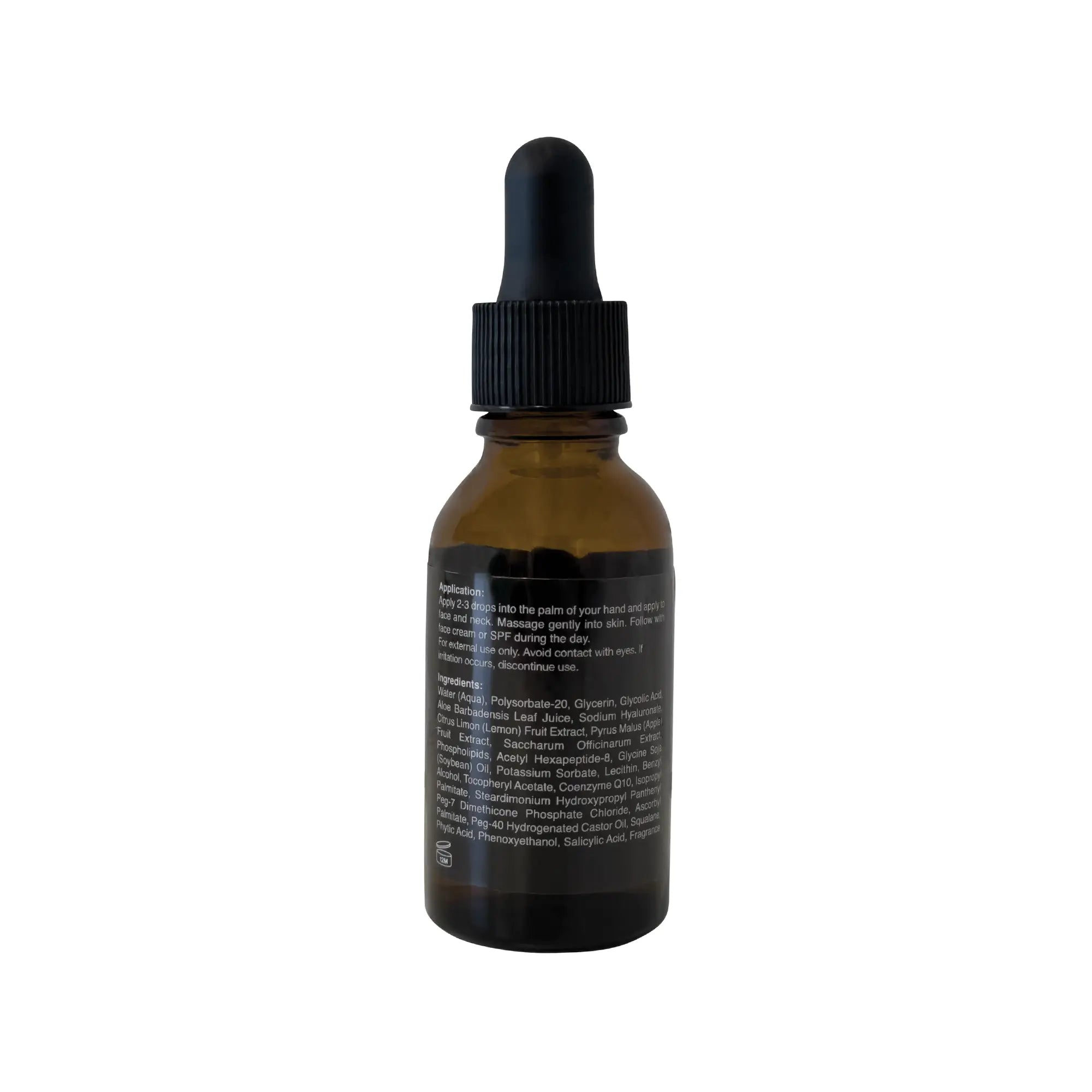 Brown glass dropper bottle of glycolic acid serum with a black label.