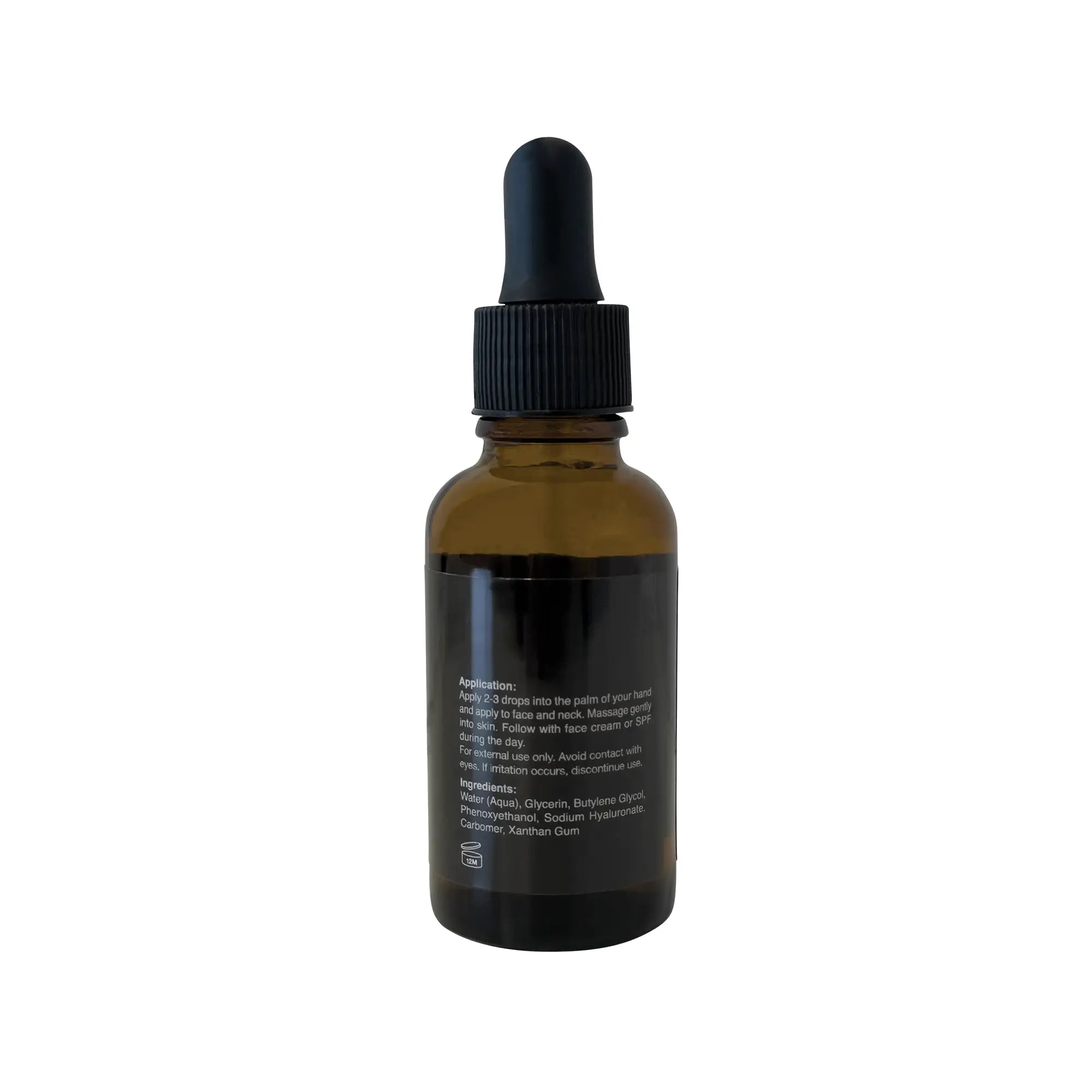 A brown dropper bottle of Hyaluronic Acid Serum with a black label and cap.