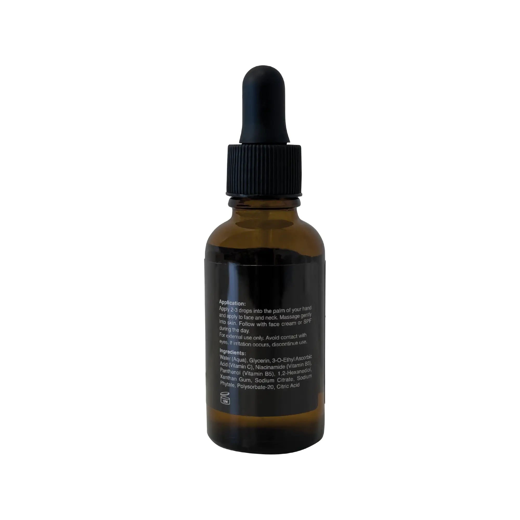 A brown dropper bottle of Niacinamide Vitamin Boost Serum with a black label and cap.