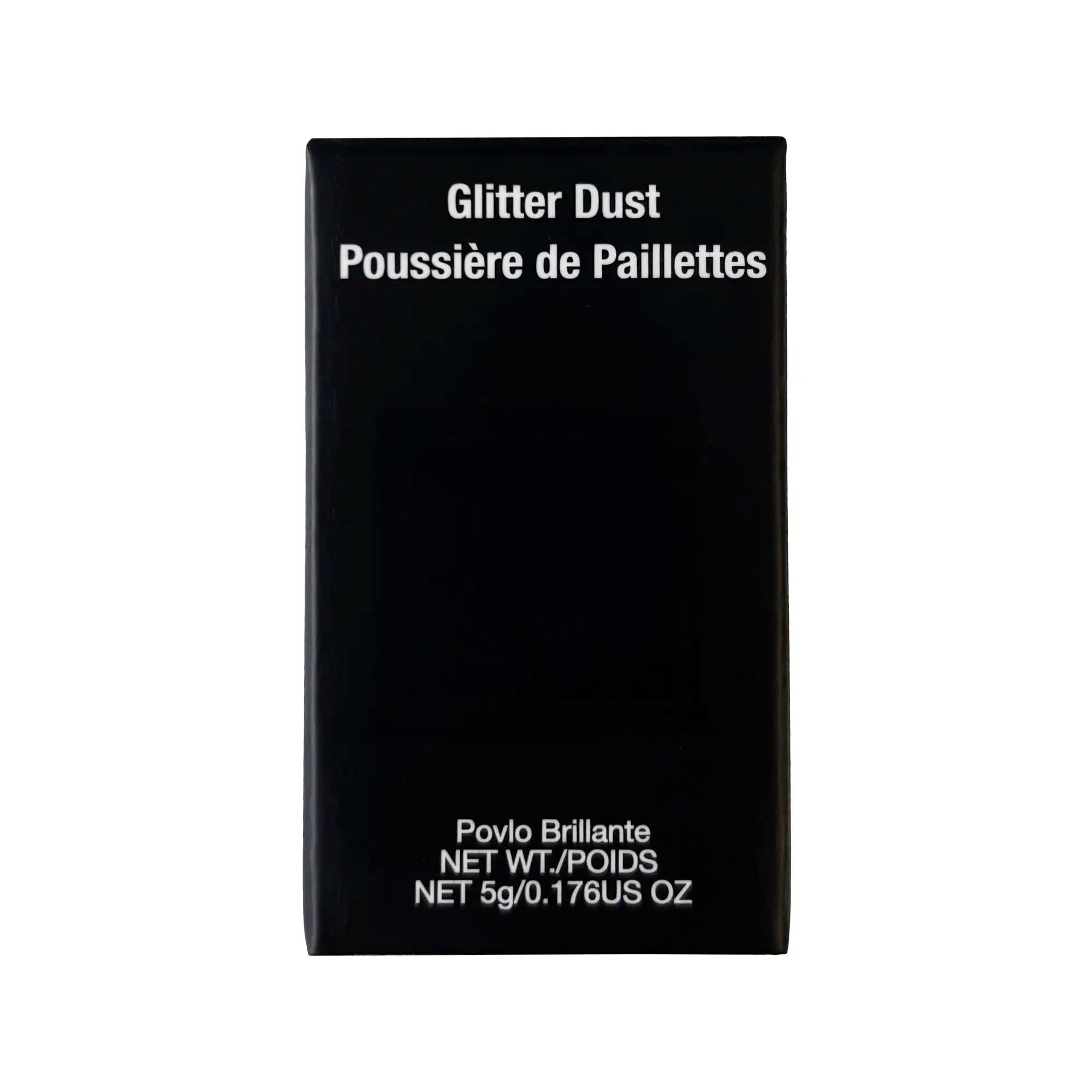 Black box of Glitter Dust with "Poussière de Paillettes" and "NET 5g/0.176US OZ" text.
