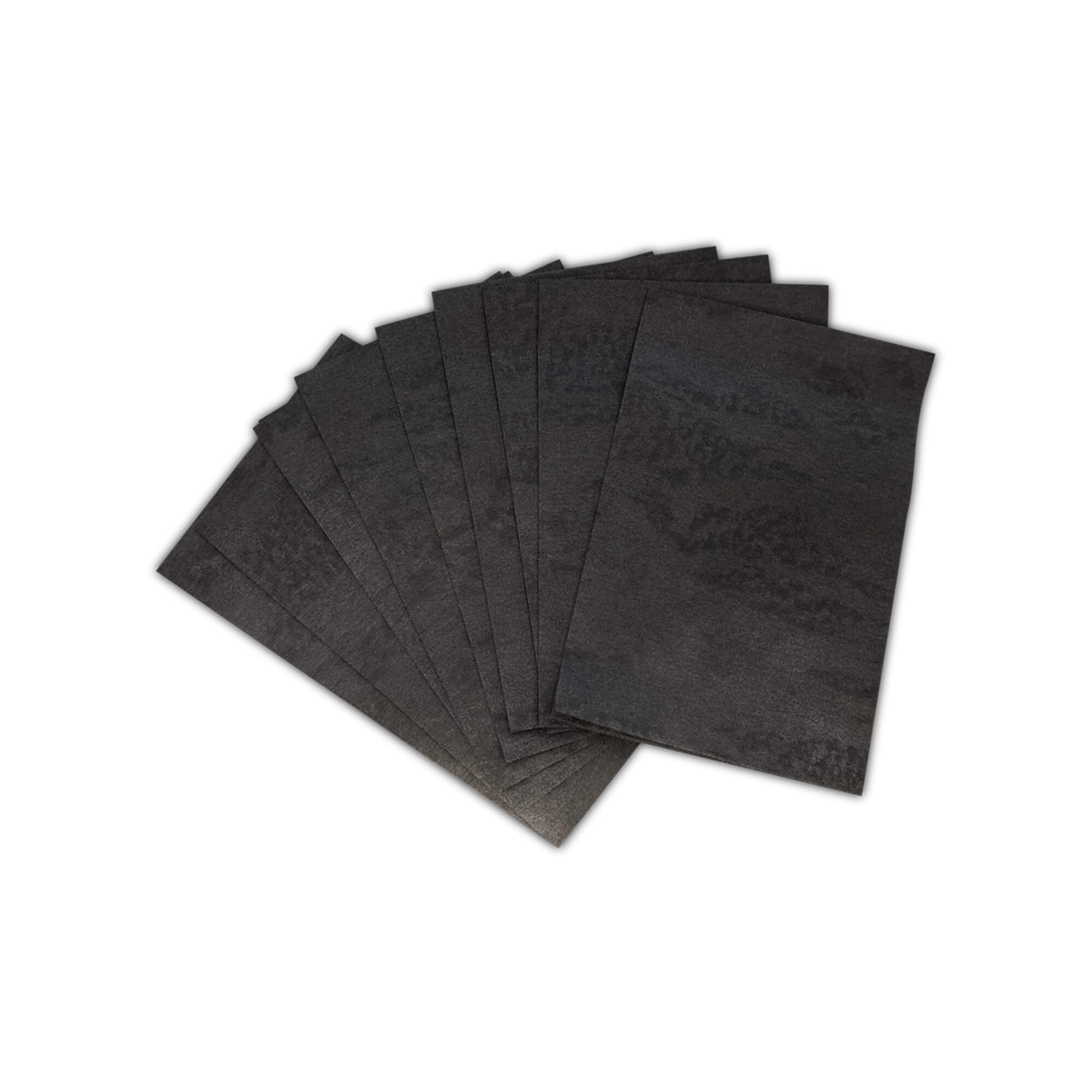 A fan of ten dark gray blotting papers is spread out on a white background.