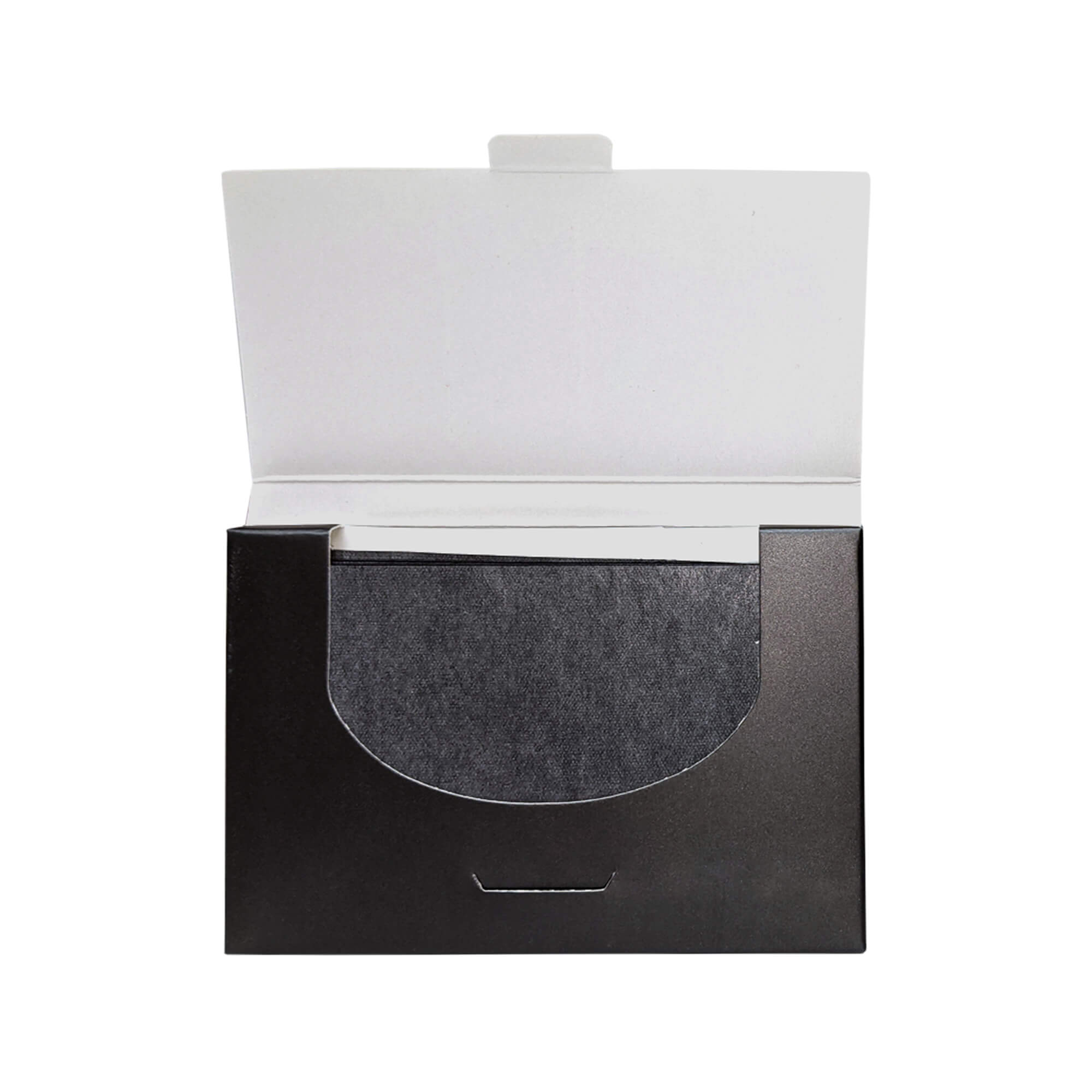 Open black box of blotting papers with a semi-circular cutout revealing the papers.