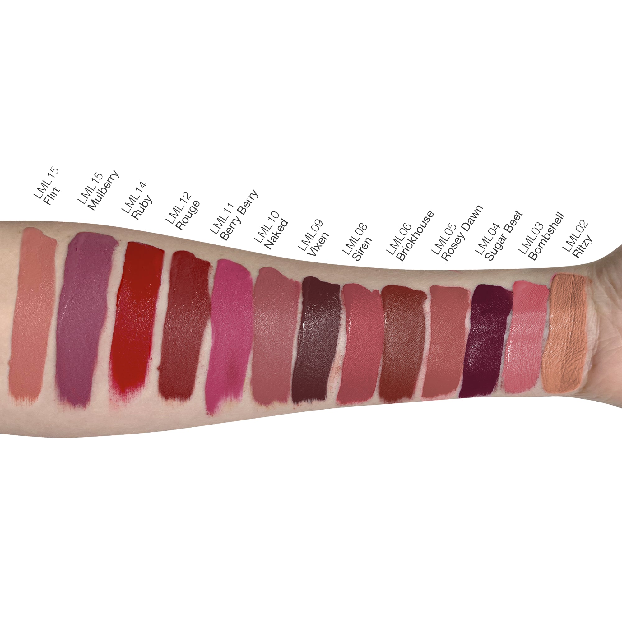 Arm swatch of 15 liquid matte lipstick shades, including Vixen.