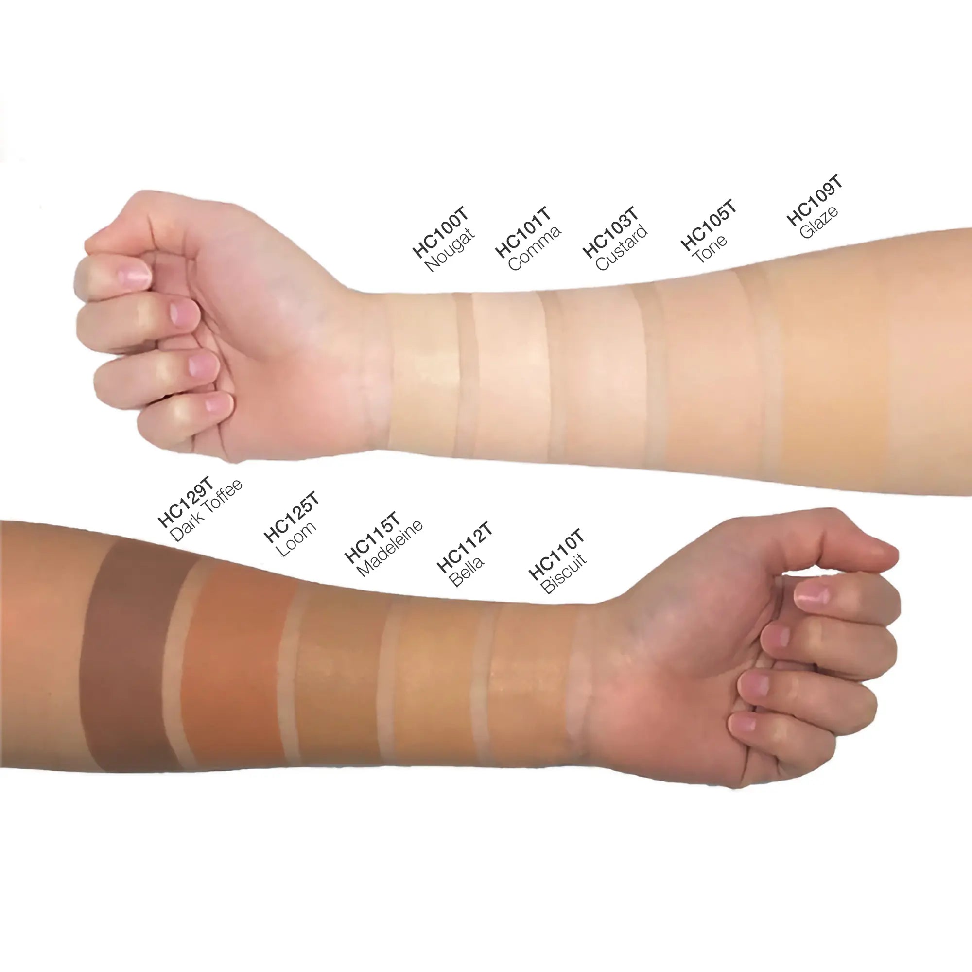 Two arms display 11 swatches of concealing cream in various shades.