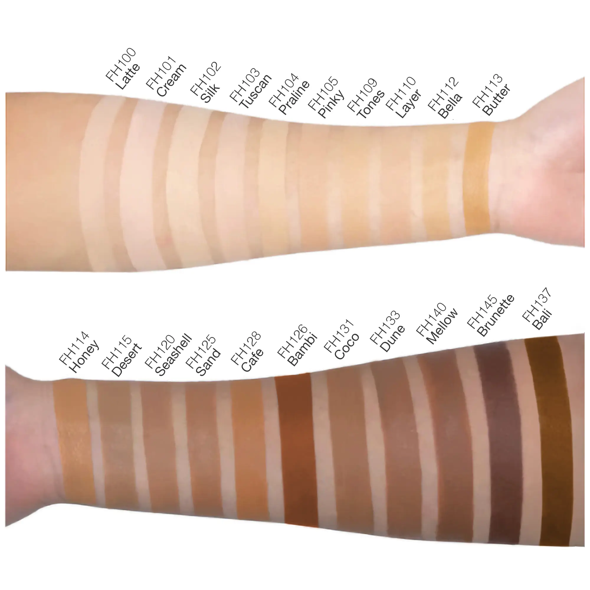 Two arms display 28 swatches of foundation in varying shades from light to dark.