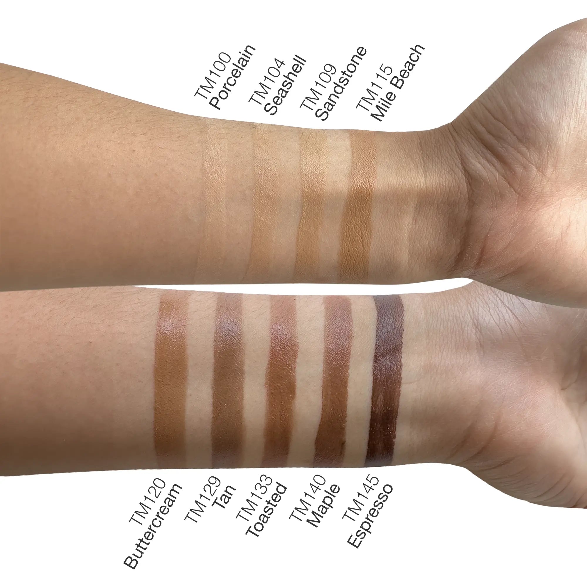 Two arms display 10 swatches of tinted moisturizer shades from light to dark.