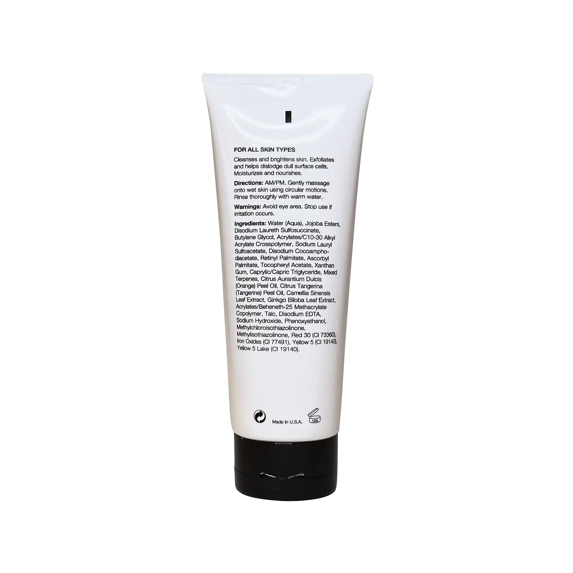 A white tube of Vitamin C Cleanser with a black cap is shown from the back.