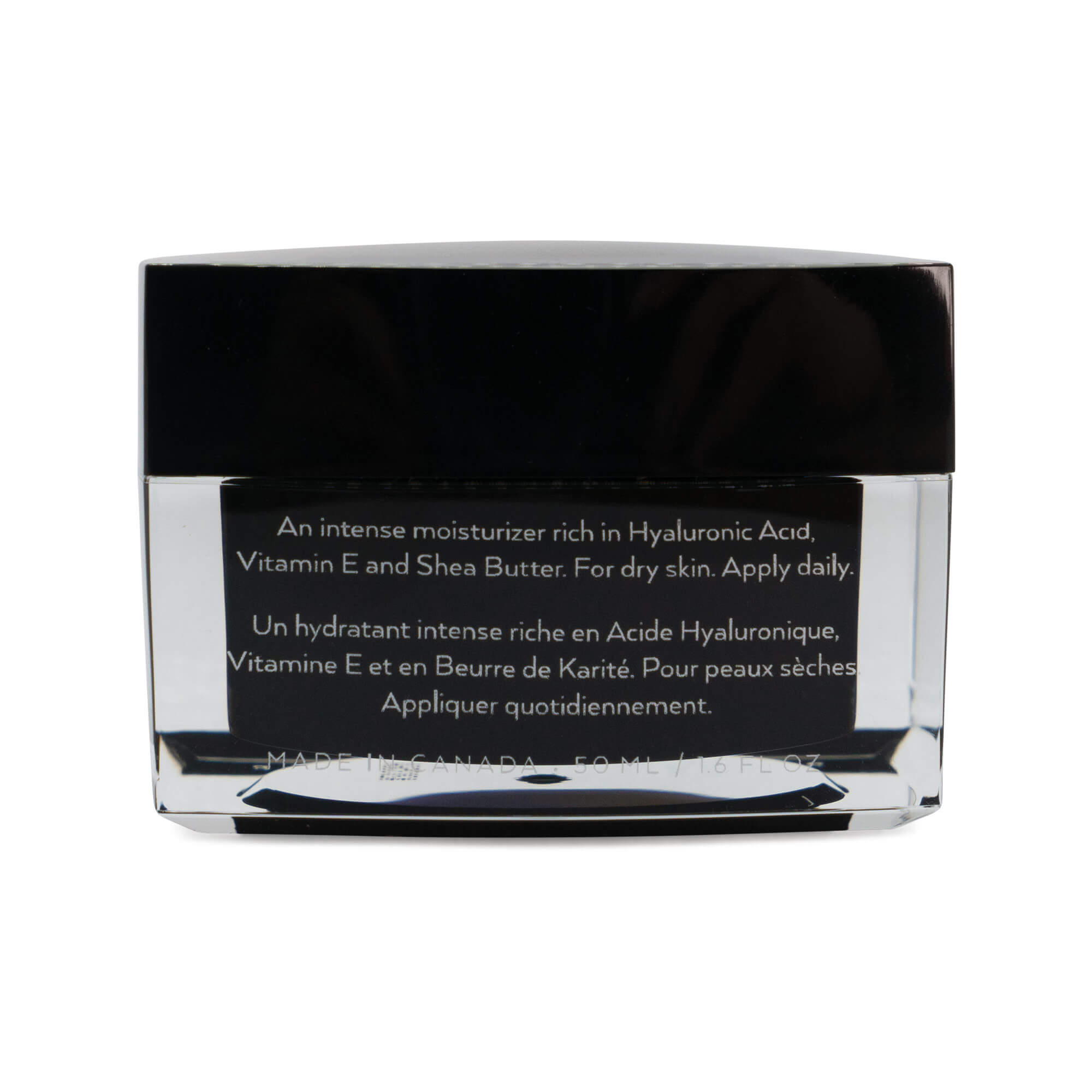 A black jar of hyaluronic moisturizer with white text on a clear label.