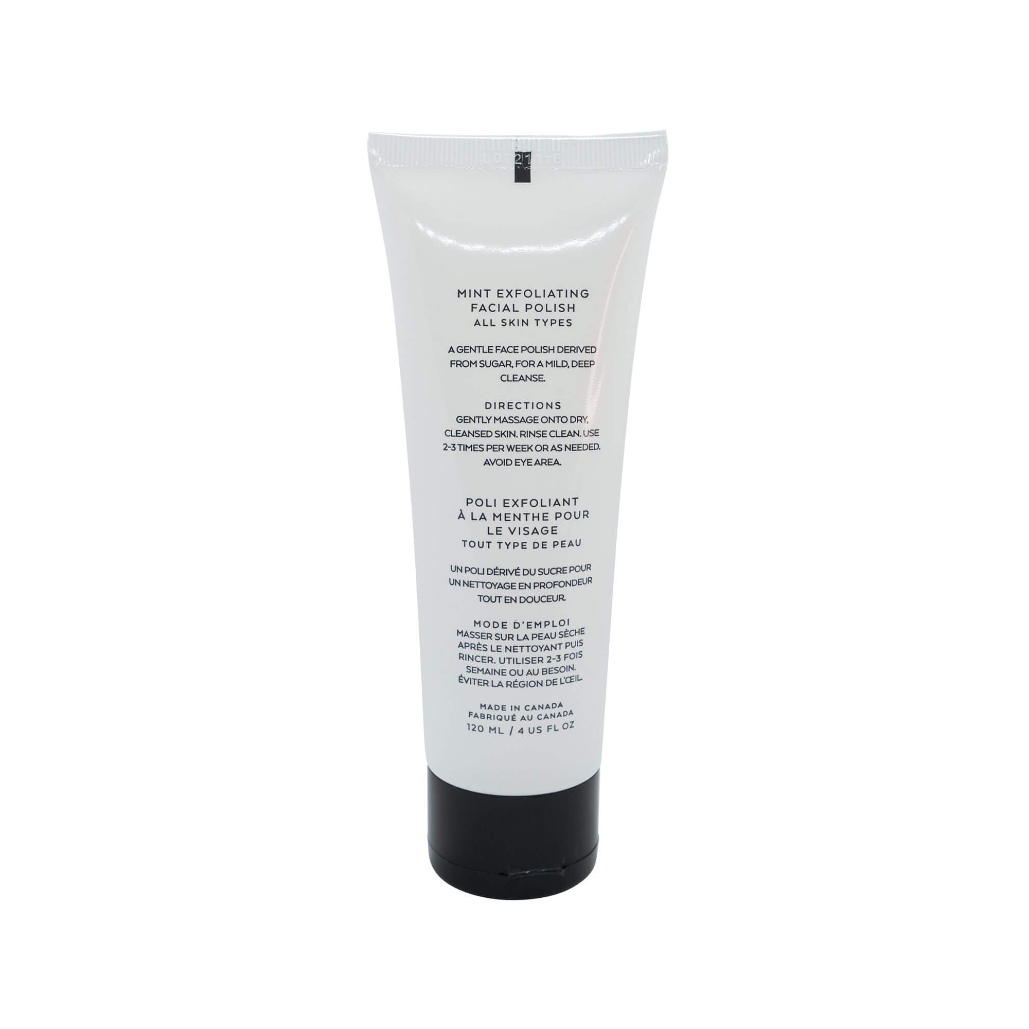 White tube of Mint Exfoliating Facial Polish with a black cap.