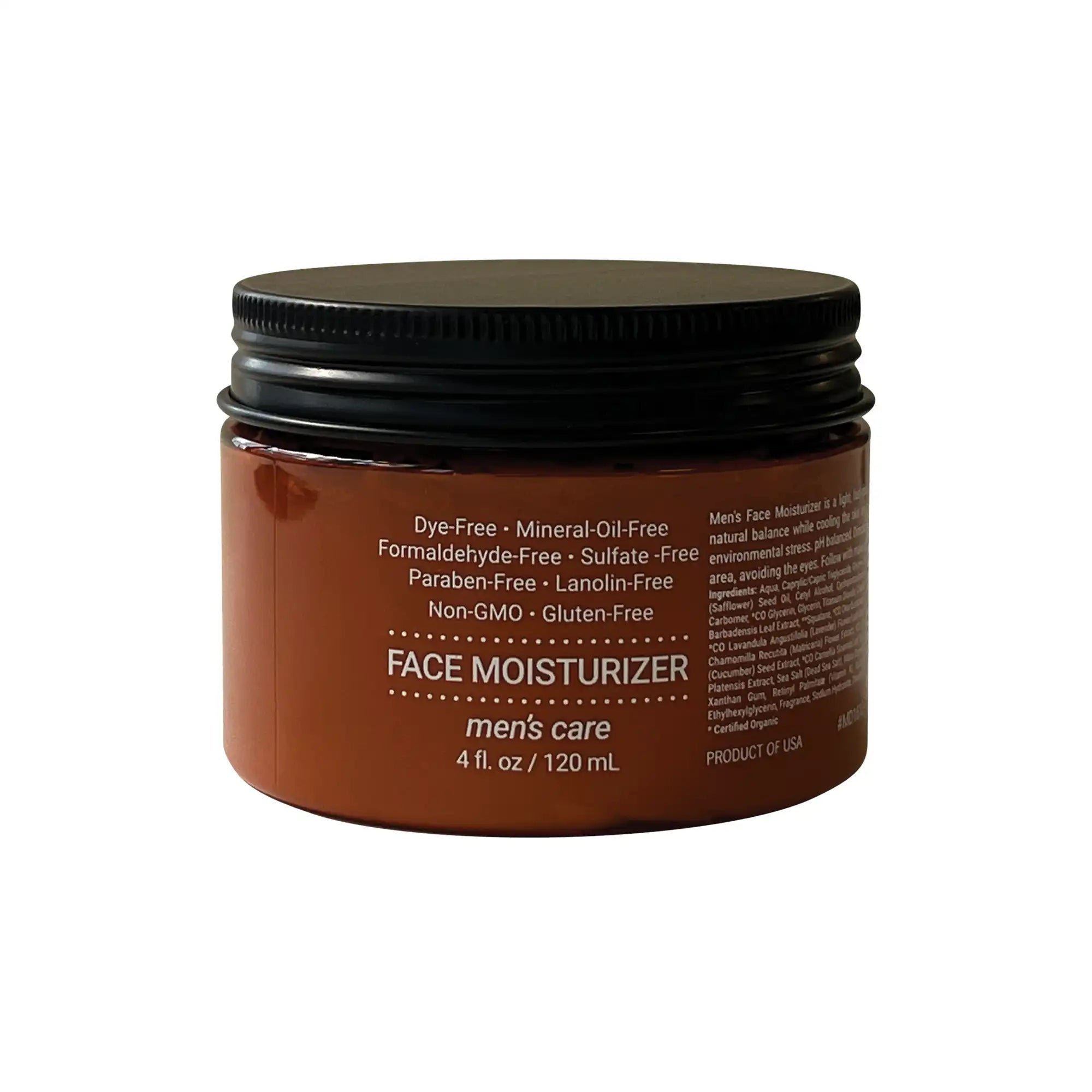 A brown jar of men's face moisturizer with a black lid.