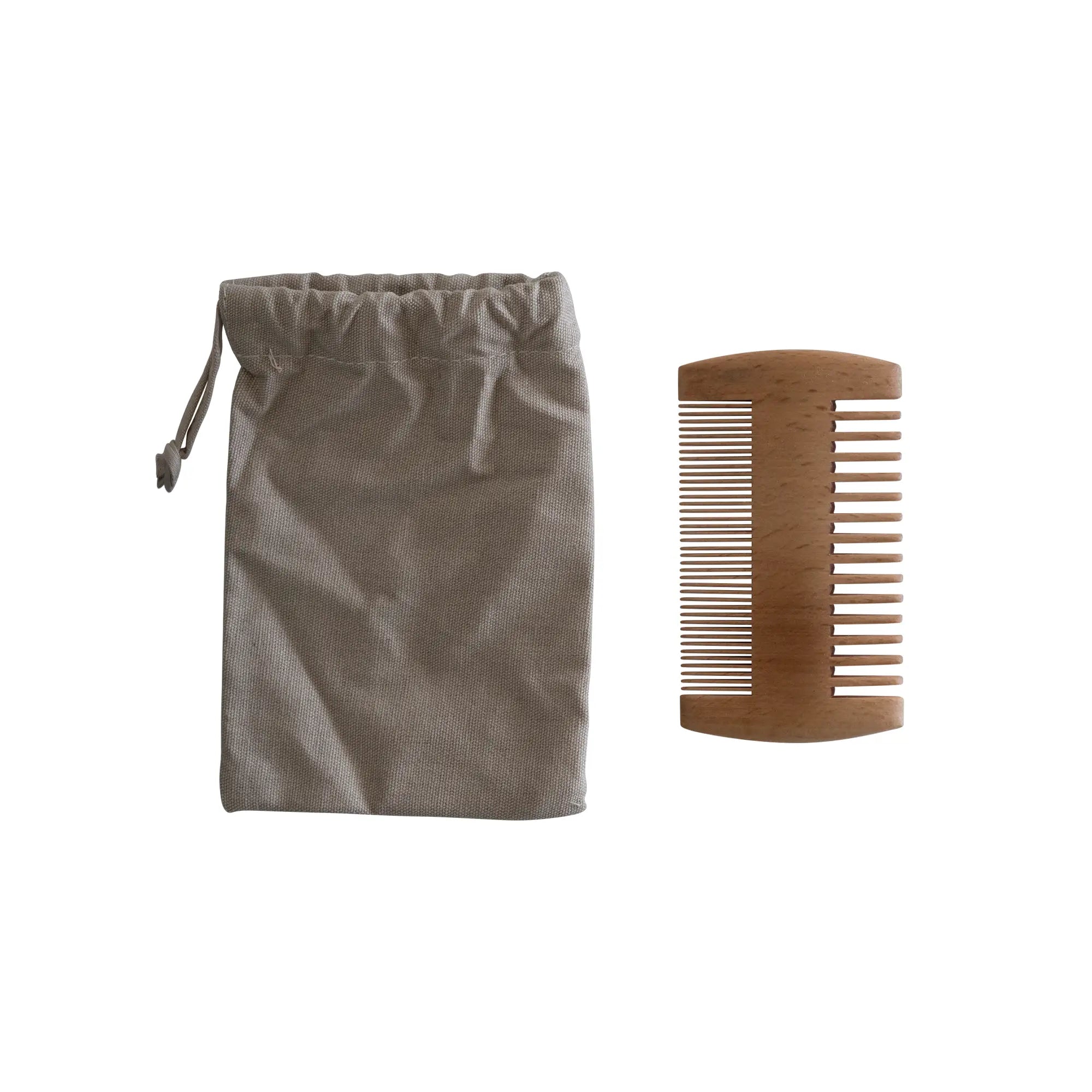 A bamboo beard comb with a drawstring pouch.