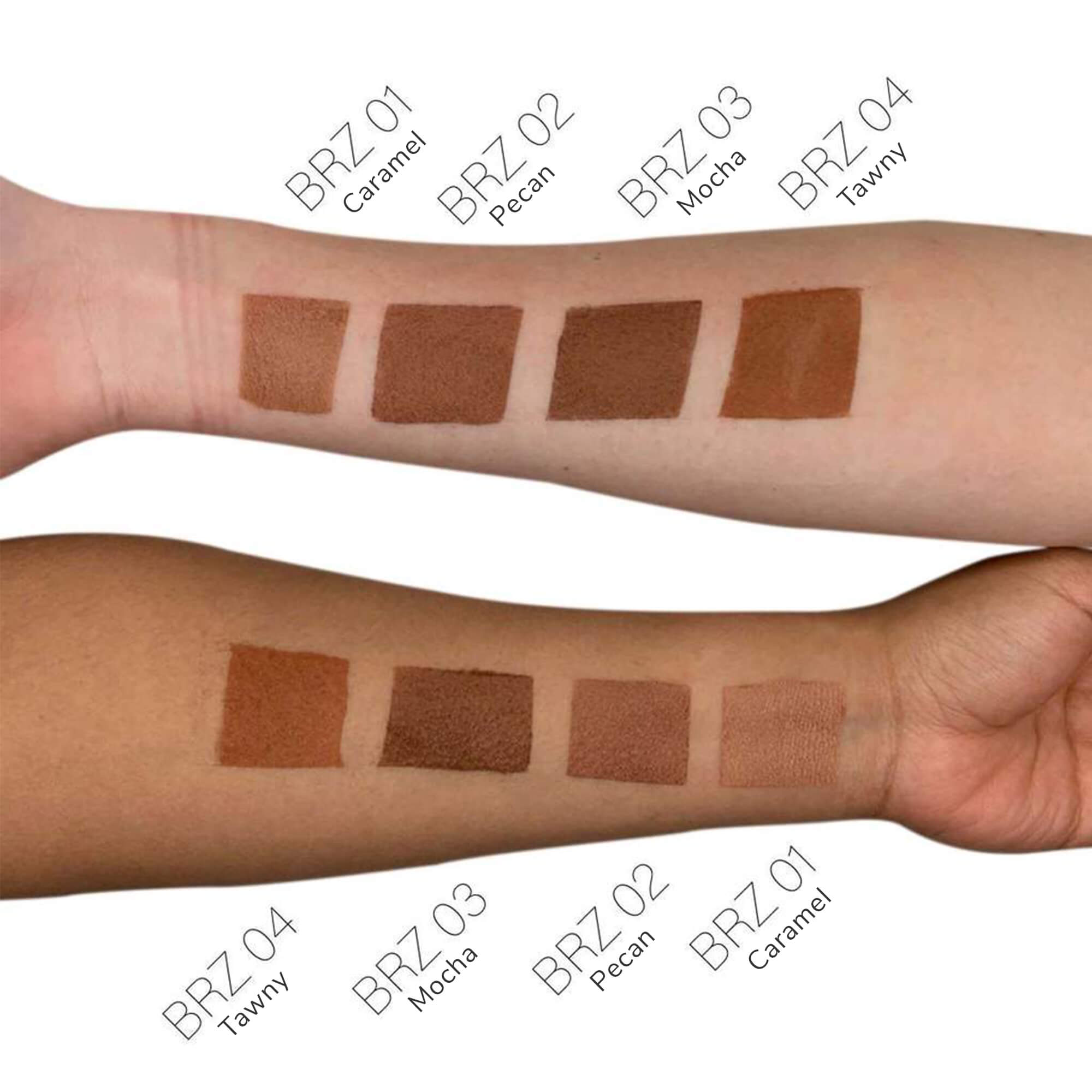 Four shades of bronzer are swatched on two different skin tones.