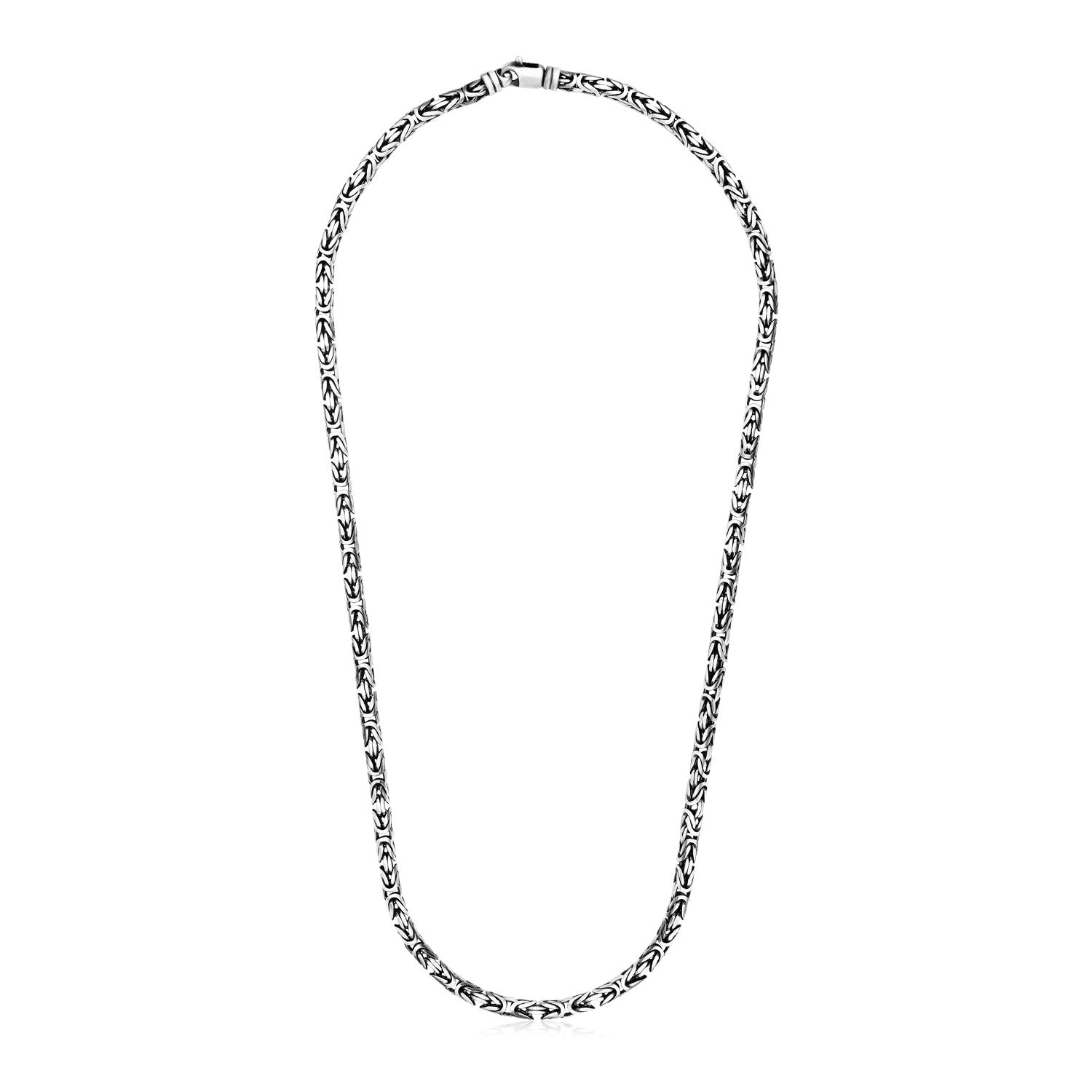 Sterling silver Byzantine chain necklace with a gunmetal finish and lobster clasp.