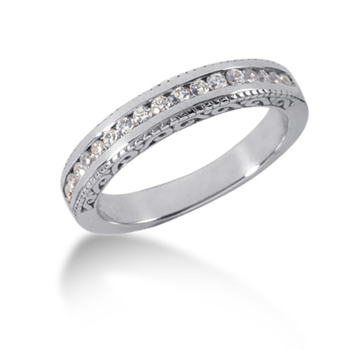 14k white gold vintage-style wedding band with channel-set diamonds and engraved scrollwork.